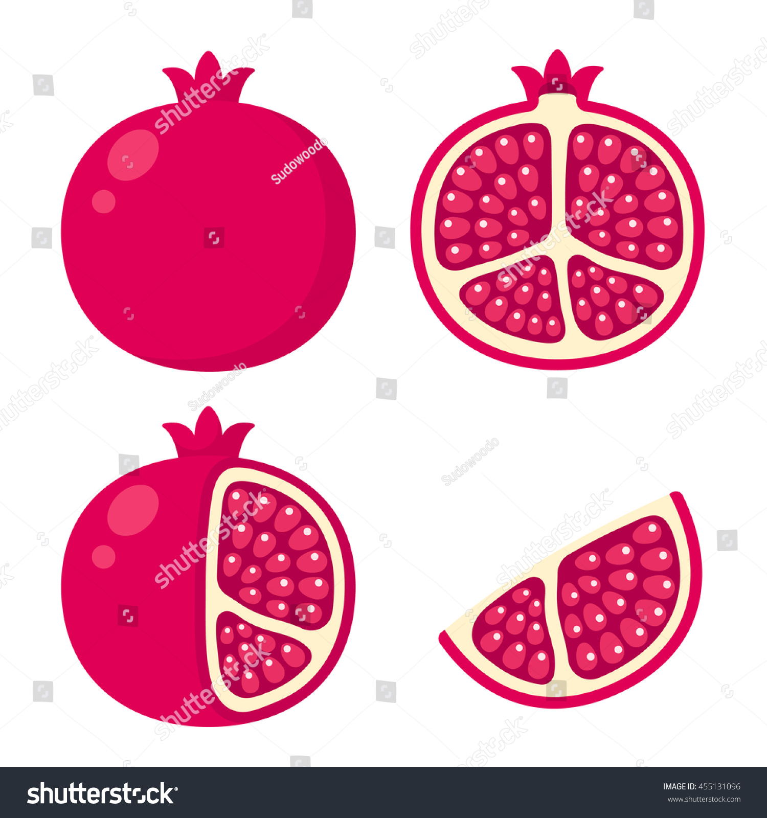 Whole and cut pomegranate icon set. Flat cartoon vector illustration. #455131096