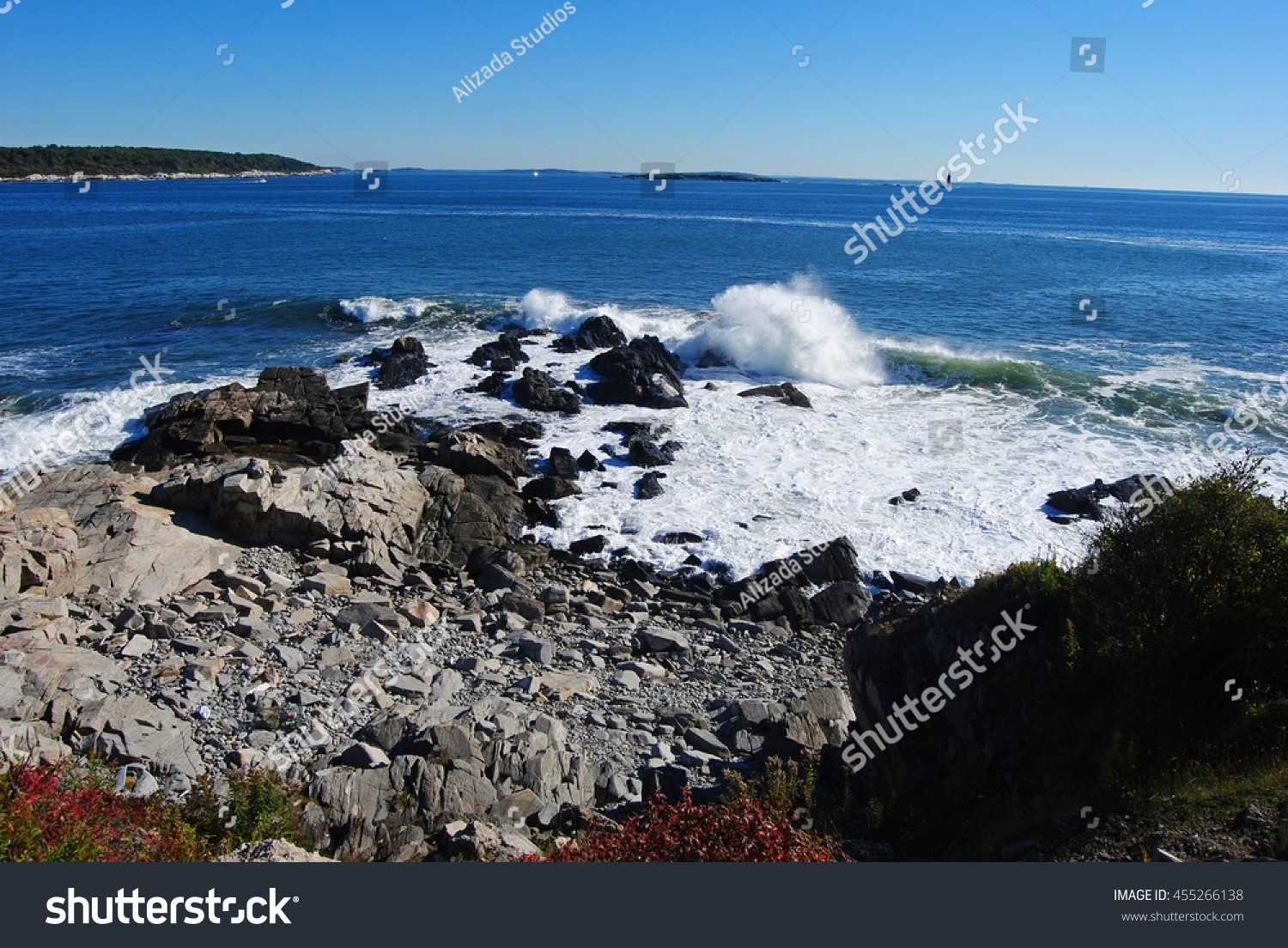Rocky coastline of Cape Elizabeth in Portland, Maine, USA. #455266138