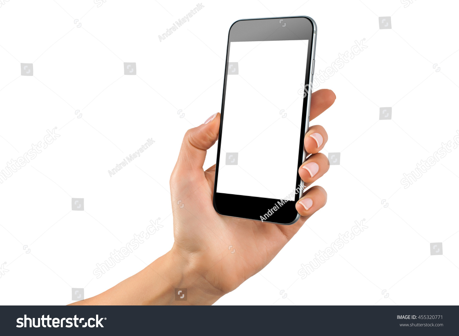Female hand holding black cellphone with white screen at isolated background. #455320771