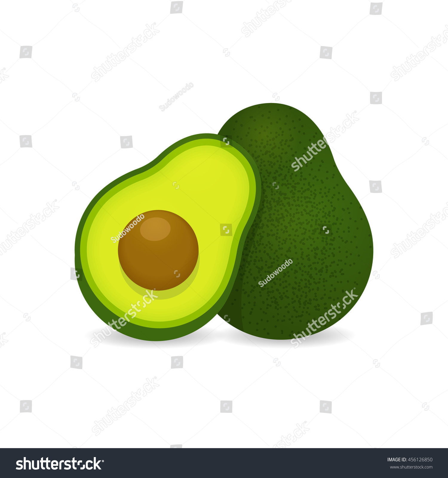 Realistic vector avocados illustration. Whole and cut avocado isolated on white background. #456126850