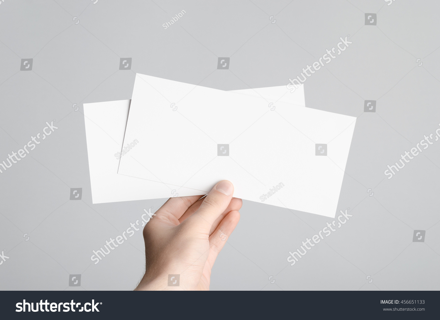 DL Flyer Mock-Up - Male hands holding blank flyers on a gray background. #456651133