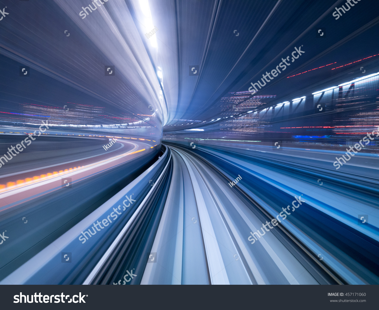 Motion blur of train moving inside tunnel in Tokyo, Japan #457171060
