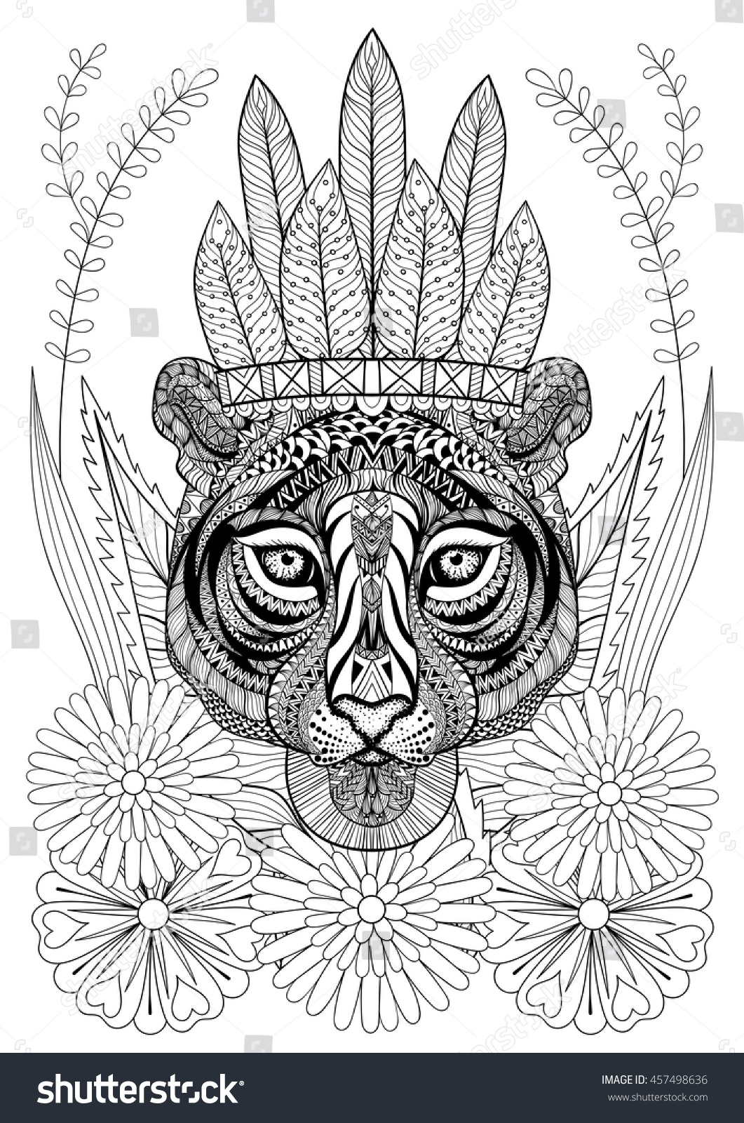 Zentangle Stylized Tiger With War Bonnet On Flowers Hand Drawn Ethnic Animal For Adult Coloring Page Therapy Boho T Shirt Patterned Print Posters
