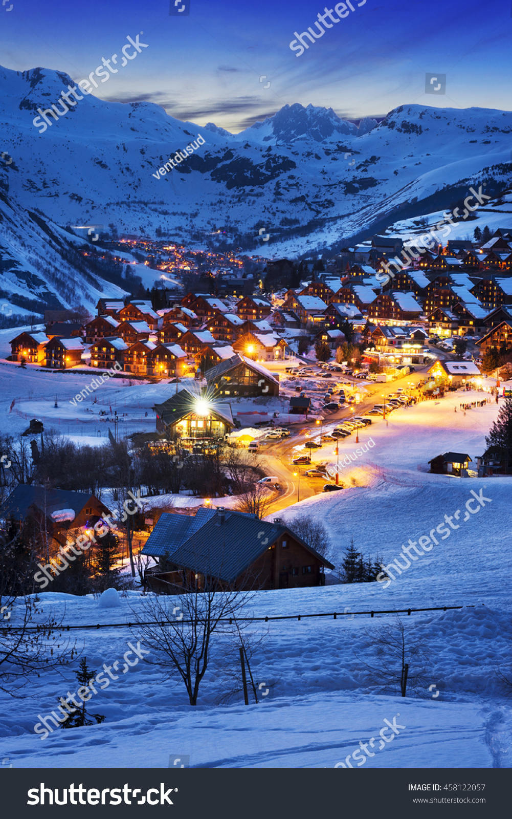 Evening landscape and ski resort in French Alps,Saint jean d'Arves, France  #458122057