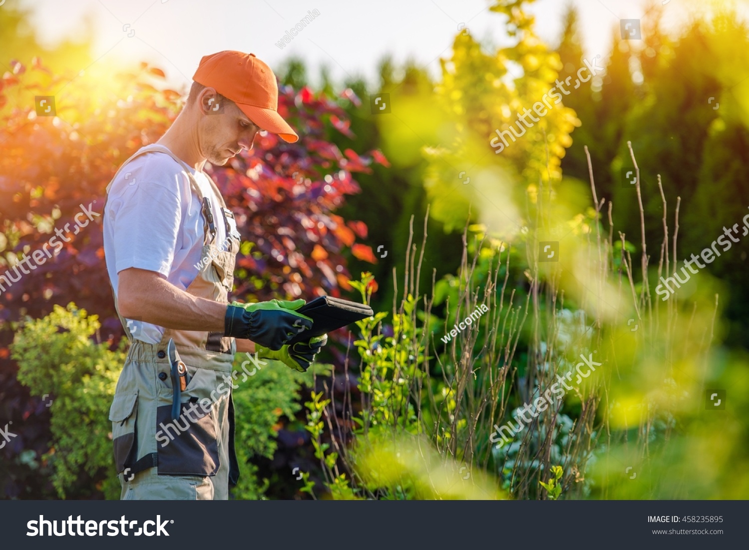 Garden Design with Tablet Device. Professional Gardener with His Tablet Computer. #458235895