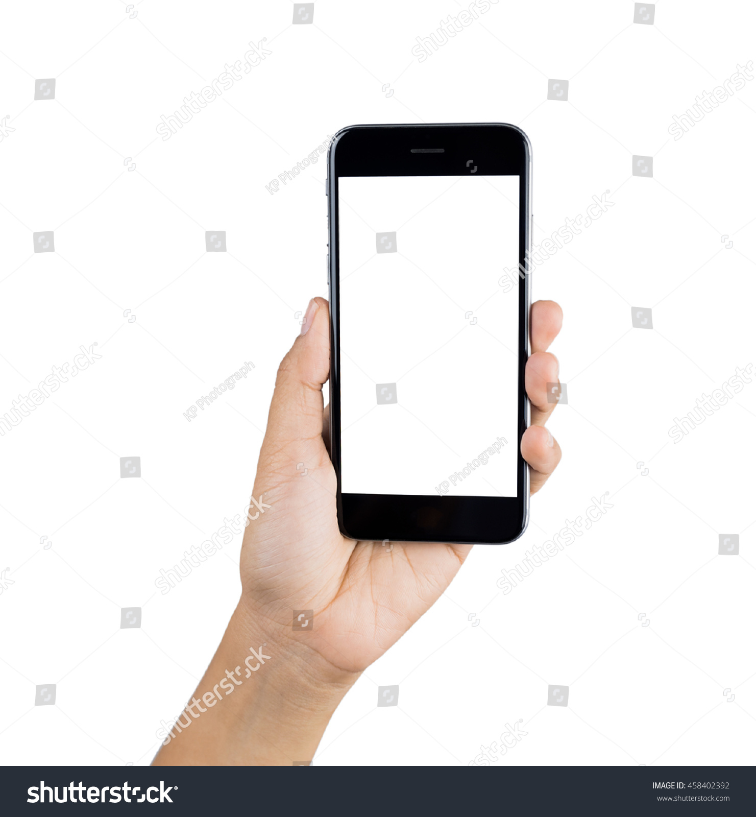  Woman hand using smart phone isolated on white background. #458402392