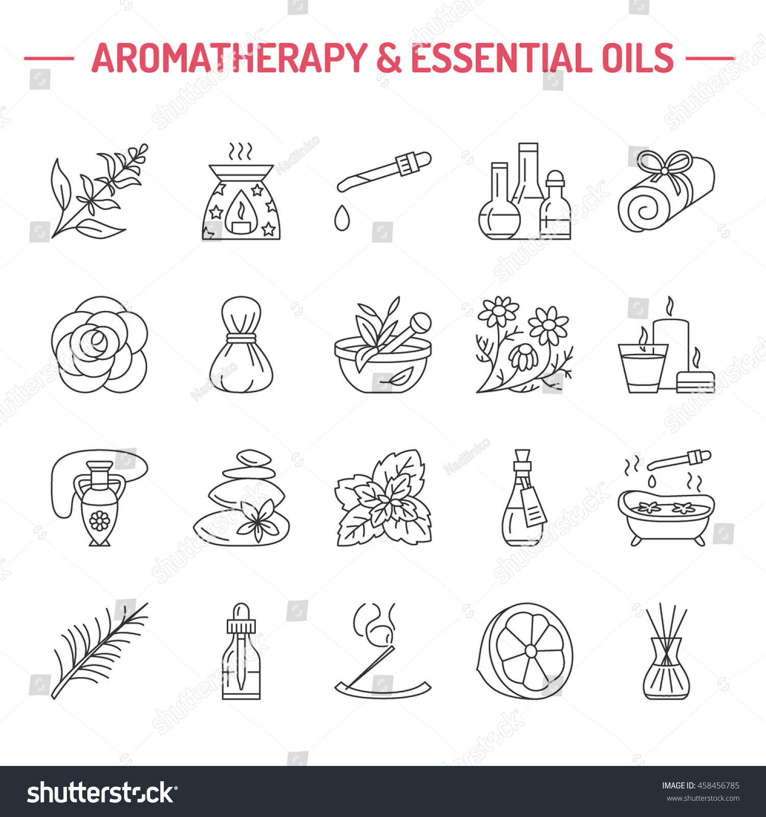 Modern vector line icons of aromatherapy and essential oils. Elements - diffuser, oil burner, spa candles, incense sticks. Linear pictogram with editable strokes for salon. #458456785