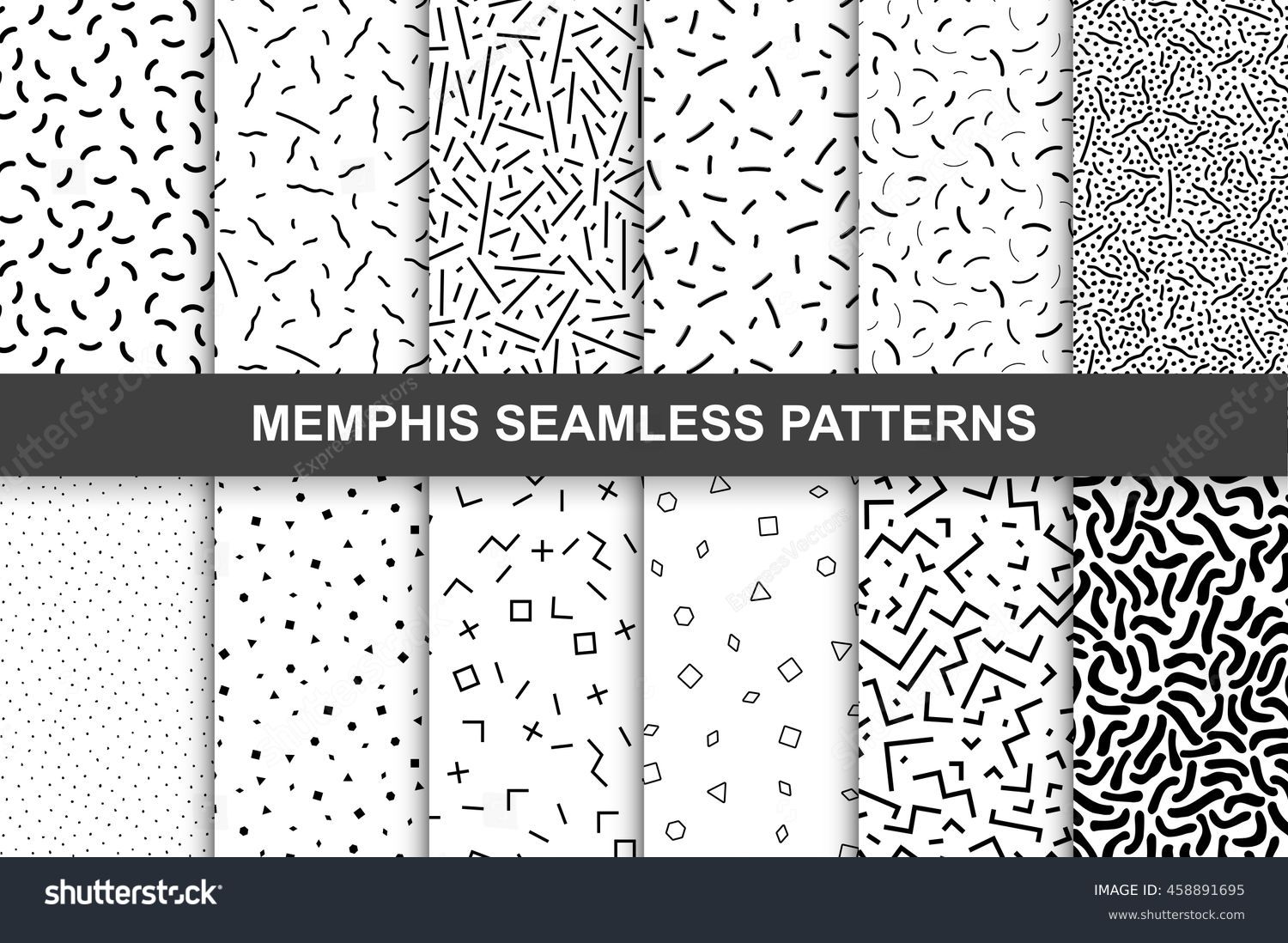 Collection of swatches memphis patterns - seamless. Fashion 80-90s. Black and white mosaic textures. #458891695