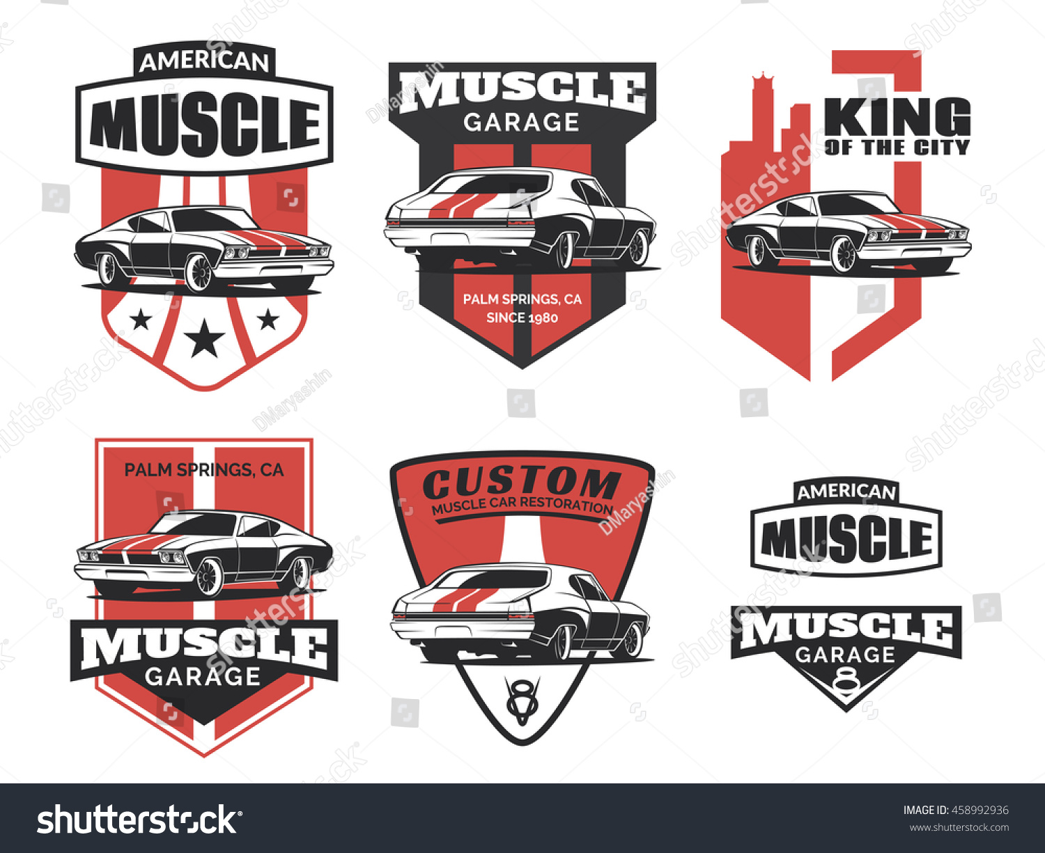 Set of classic muscle car logo, emblems, badges and icons isolated on white background. Car club design elements. Old vintage car service and restoration emblems. Vector. #458992936