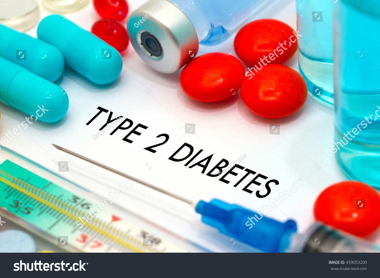 type 2 diabetes. Treatment and prevention of disease. Syringe and vaccine. Medical concept. Selective focus #459053200
