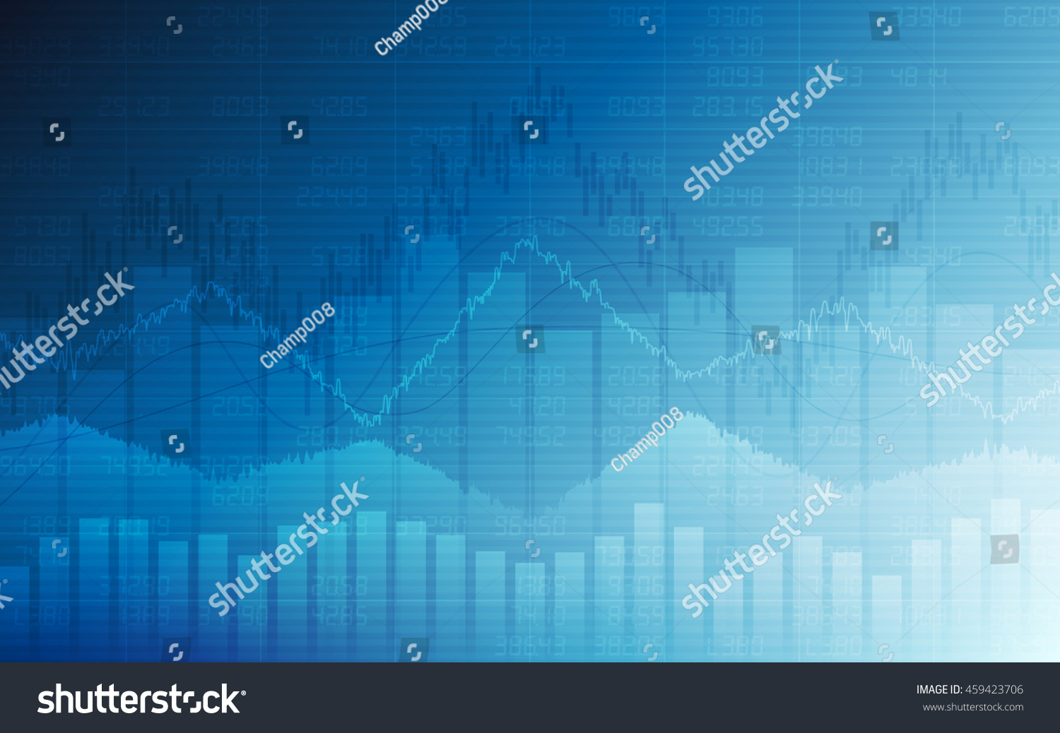 Business chart with uptrend line graph, bar chart and stock numbers in bull market on white and blue color background (vector) #459423706