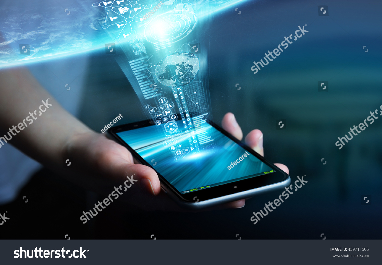 Businesswoman using digital tactile phone to send information to the world '3D rendering' 'elements of this image furnished by NASA' #459711505
