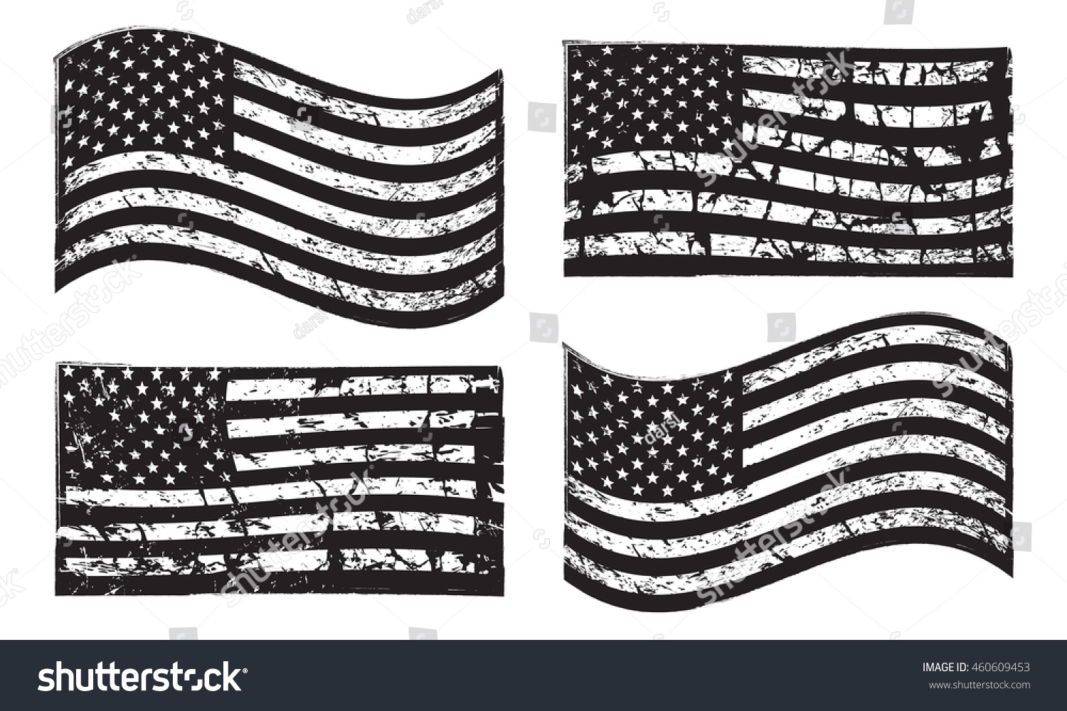 Black and white USA American grunge flag set, isolated on white background, vector illustration. #460609453