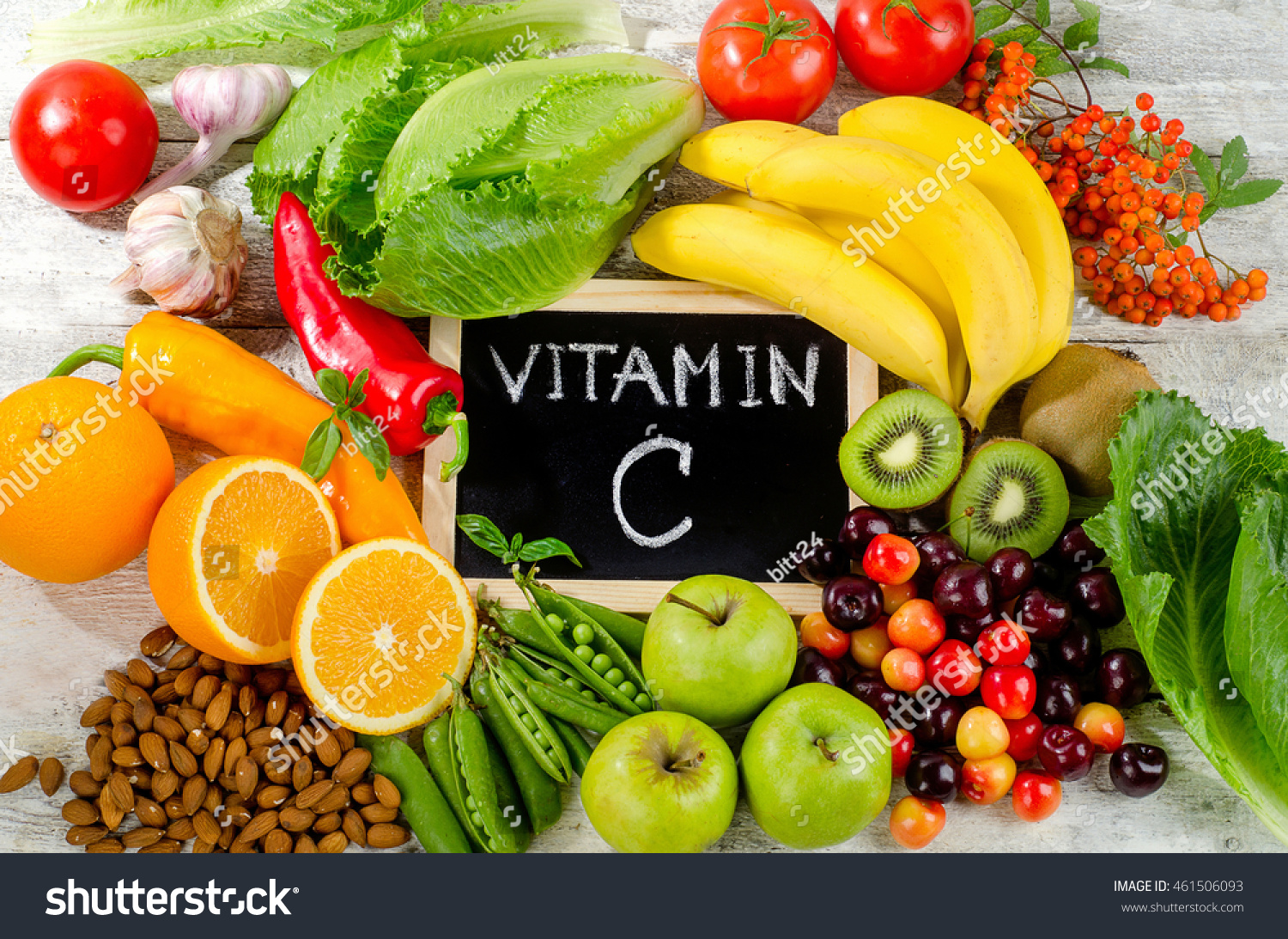 Foods High in vitamin C on a wooden board.  Healthy eating. Top view #461506093