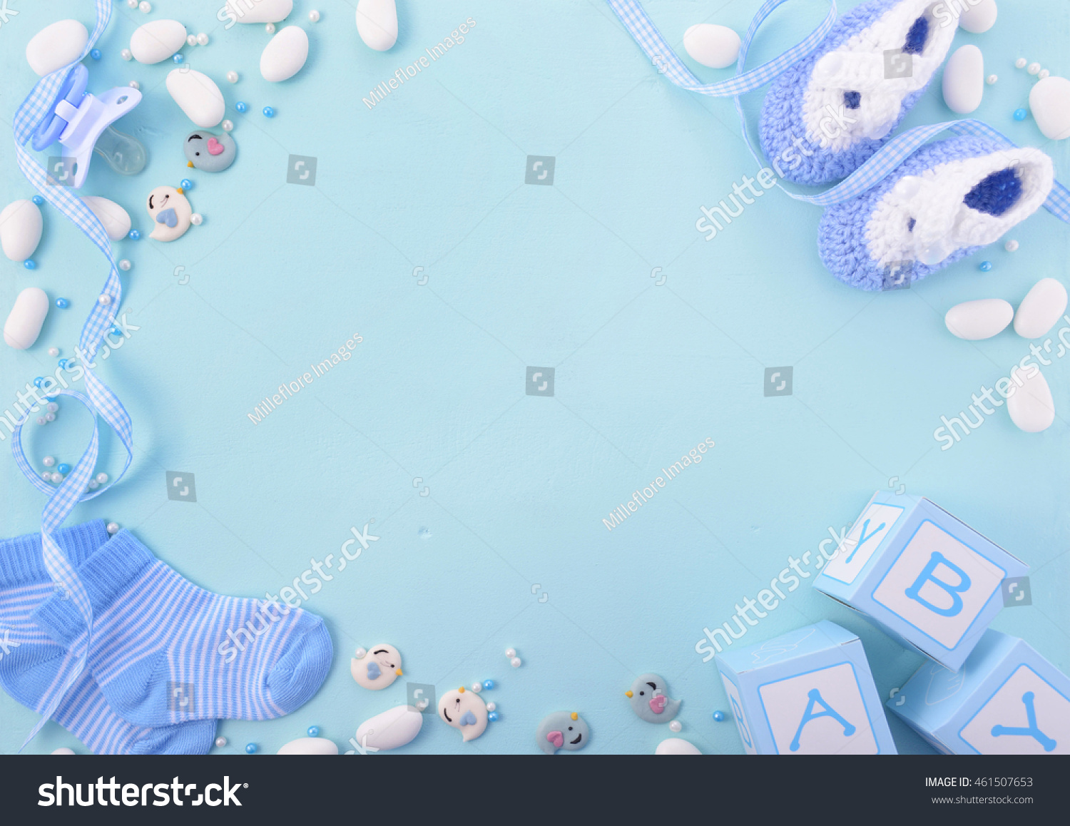 Its a boy, blue theme Baby Shower or Nursery background with decorated borders on pale blue wood background. #461507653