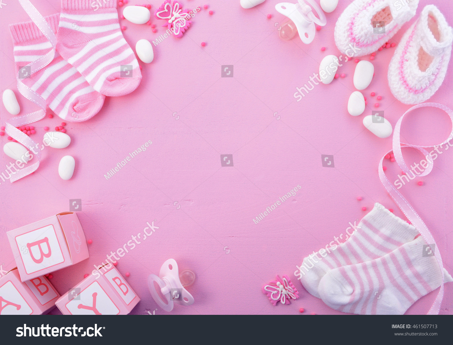 Its a Girl pink theme Baby Shower or Nursery background with decorated borders on pink wood background. #461507713