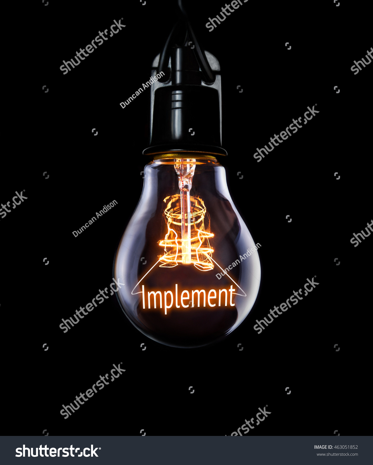 Hanging lightbulb with glowing Implement concept. #463051852