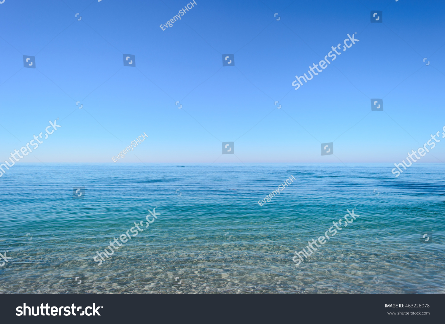 Amazing view of sea surface landscape at Sochi resort with blue sky as background. Calm waves and turquoise sea tranquility in paradise. Travel at vacation and tourism concept. Sochi, Russia tourism. #463226078