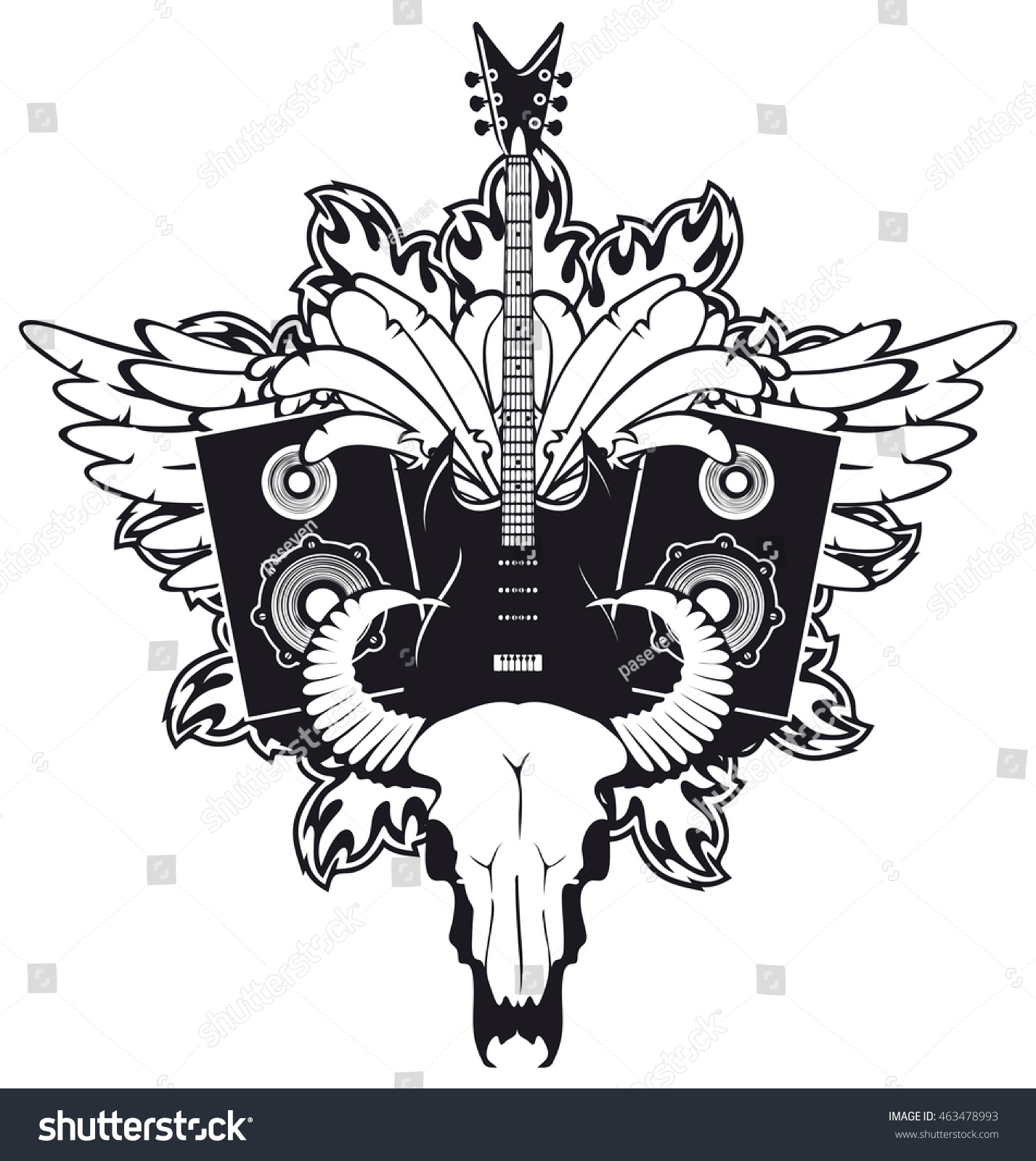 Emblem With An Electric Guitar Wings Speakers Royalty Free Stock Vector 463478993