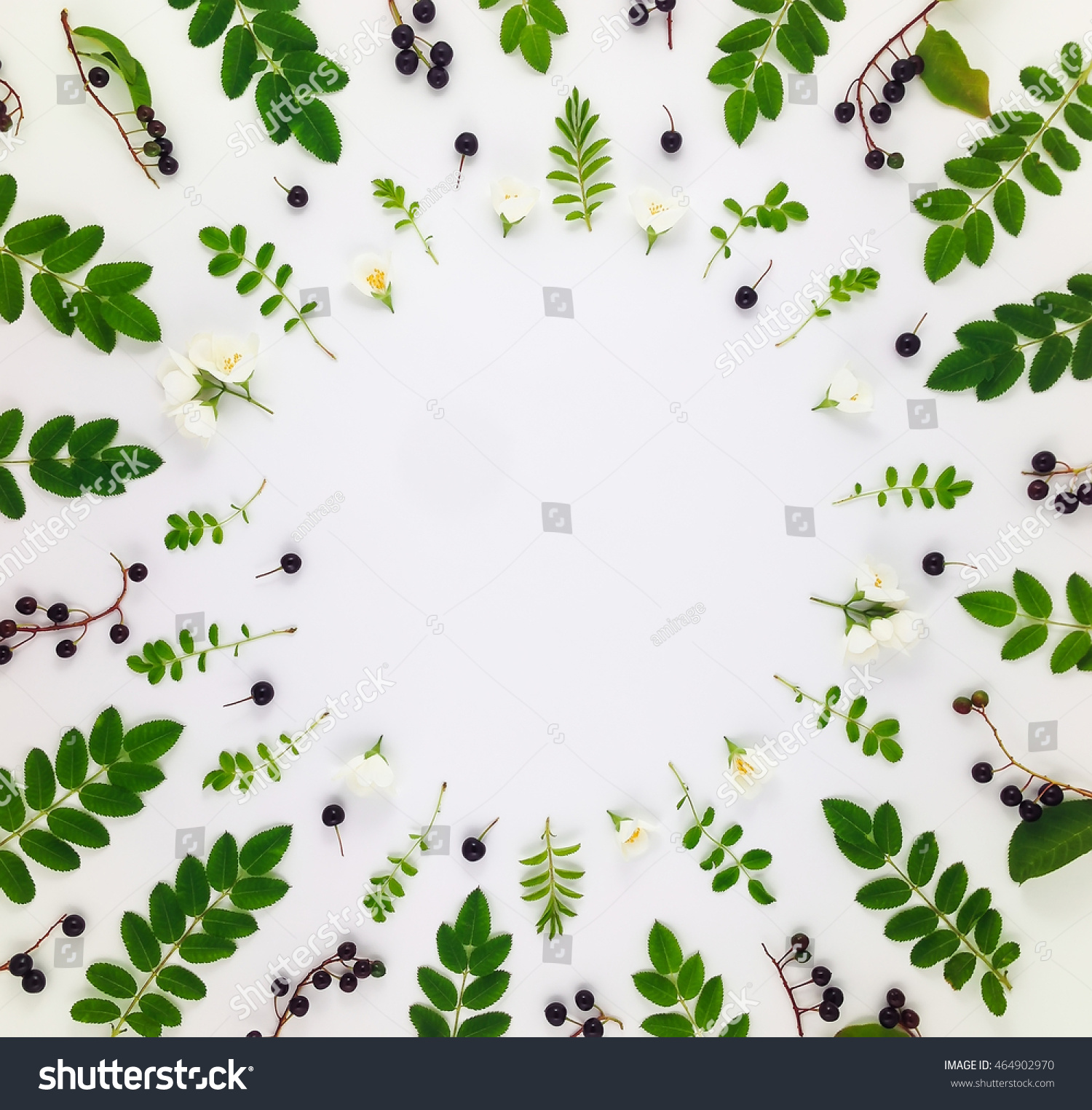 Colorful bright pattern of leaves, berries and flowers on white background. Flat lay, top view with copy space #464902970
