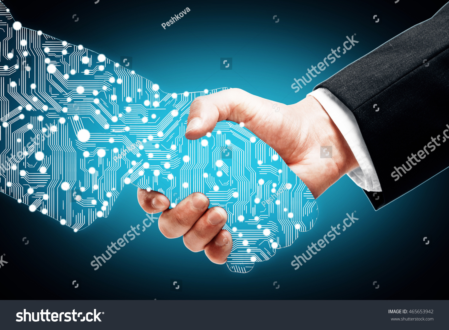 Businessman shaking digital partners hand on blue background #465653942