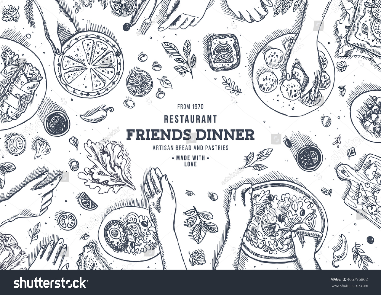 Family dinner top view illustration. Dinner table background. Engraved style illustration. Hero image. Vector illustration #465796862