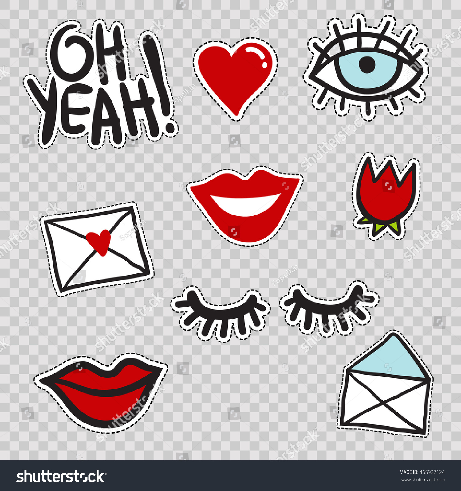 Set of cute patches elements: lowered lashes, oh yeah phrase, blue eye, red tulip flower, envelope, love mail, heart, smile lips. Vector stikers kit. Modern doodle pop art sketch badges and pins. #465922124