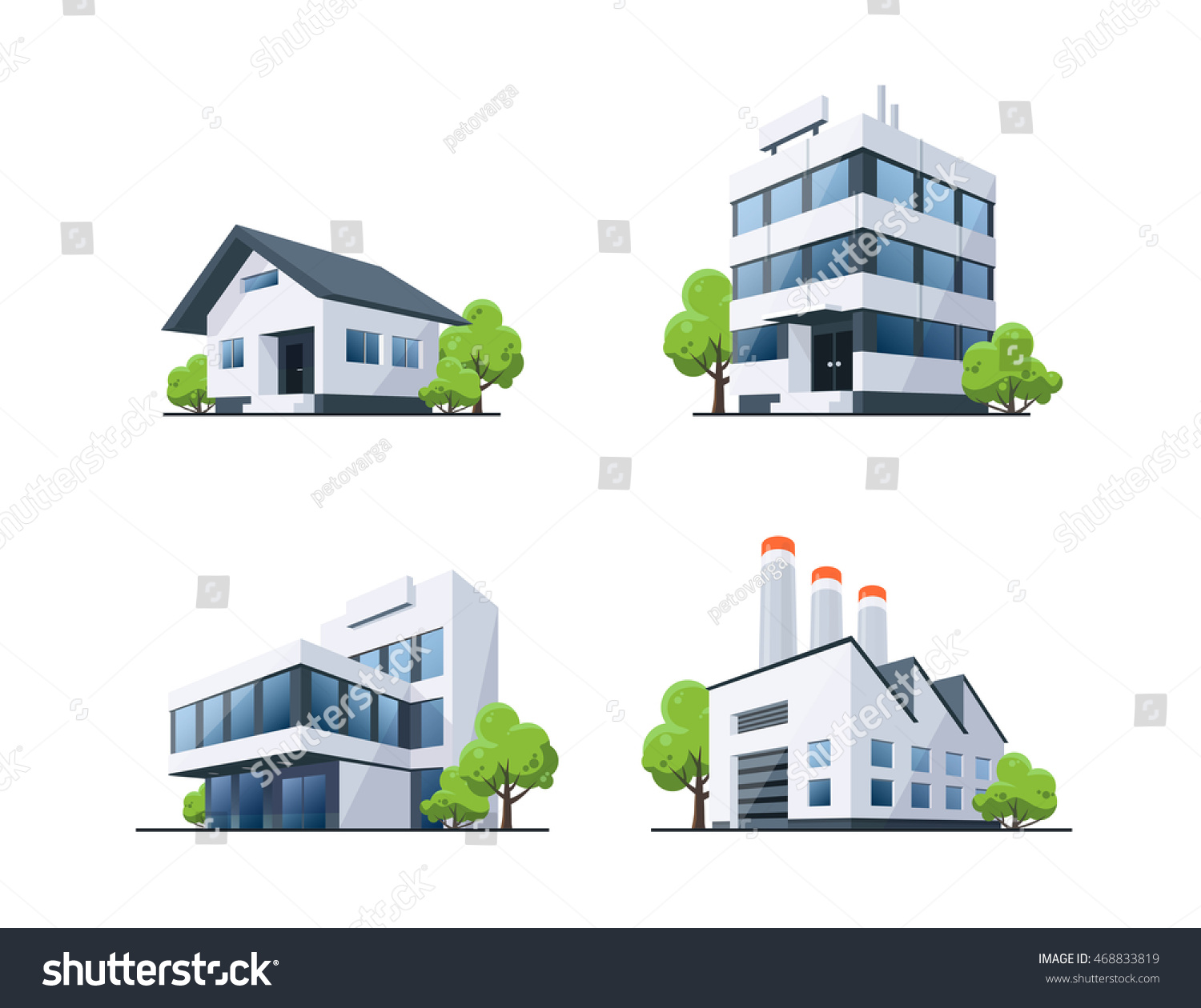 Four vector buildings illustrations in perspective view with green trees in cartoon style. Family house, work office and factory building. #468833819
