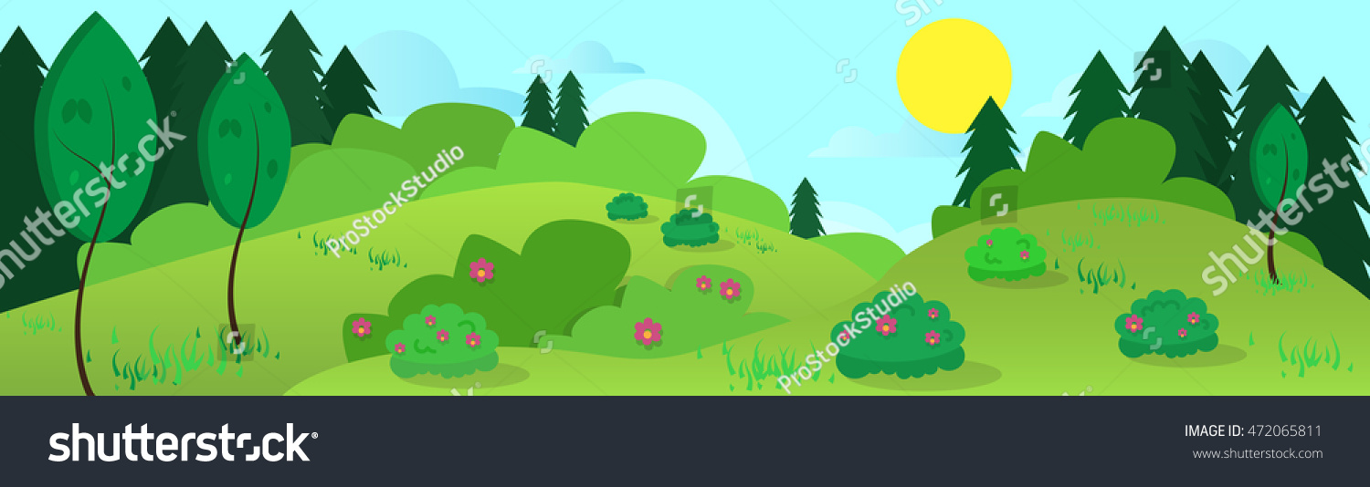 Summer Landscape Road Blue Cloud Sky With Sun Green Grass Forest Flat Design Vector Illustration #472065811