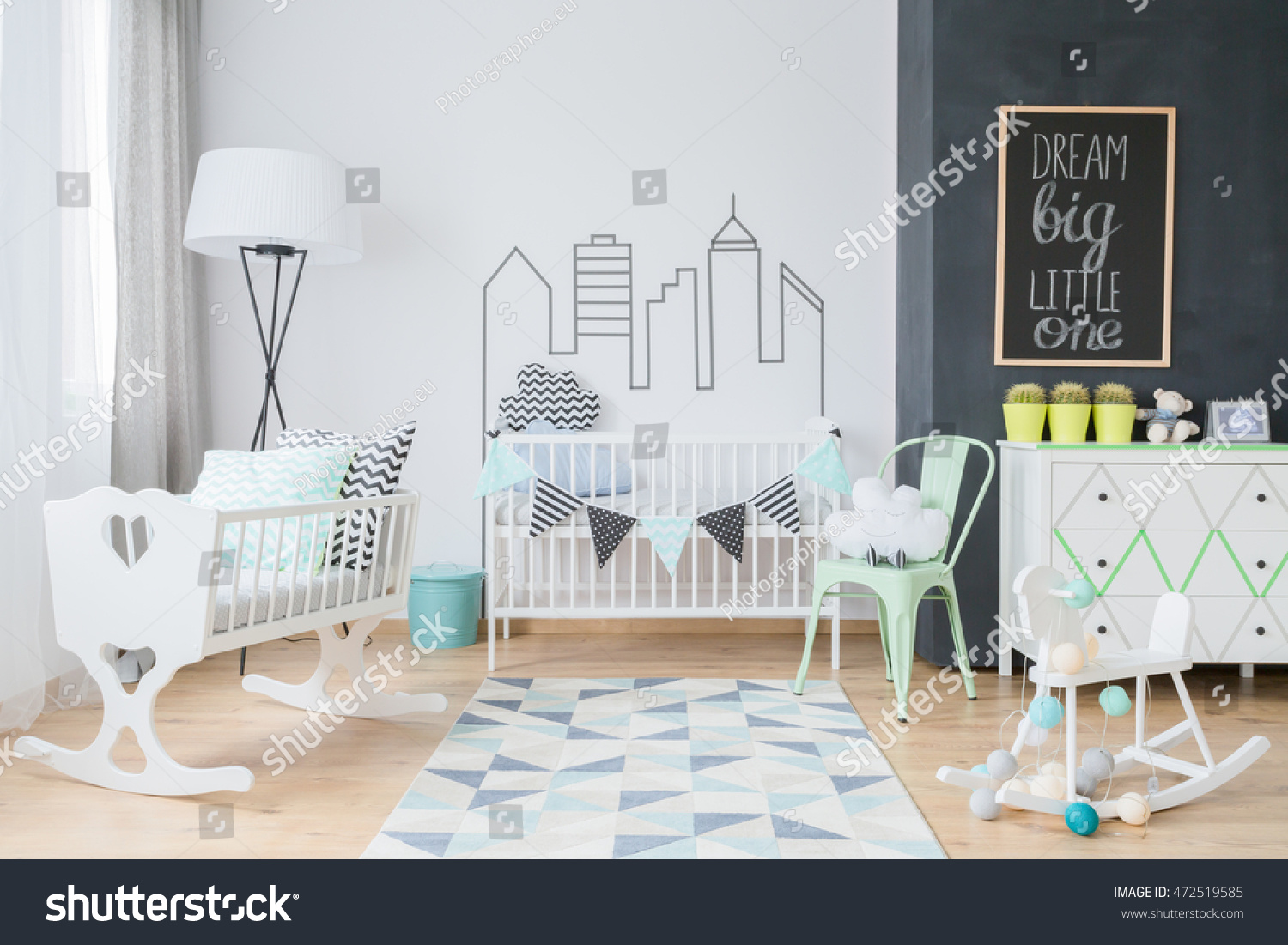 Modern baby room interior with cod, cradle, cockhorse and mint decorations #472519585