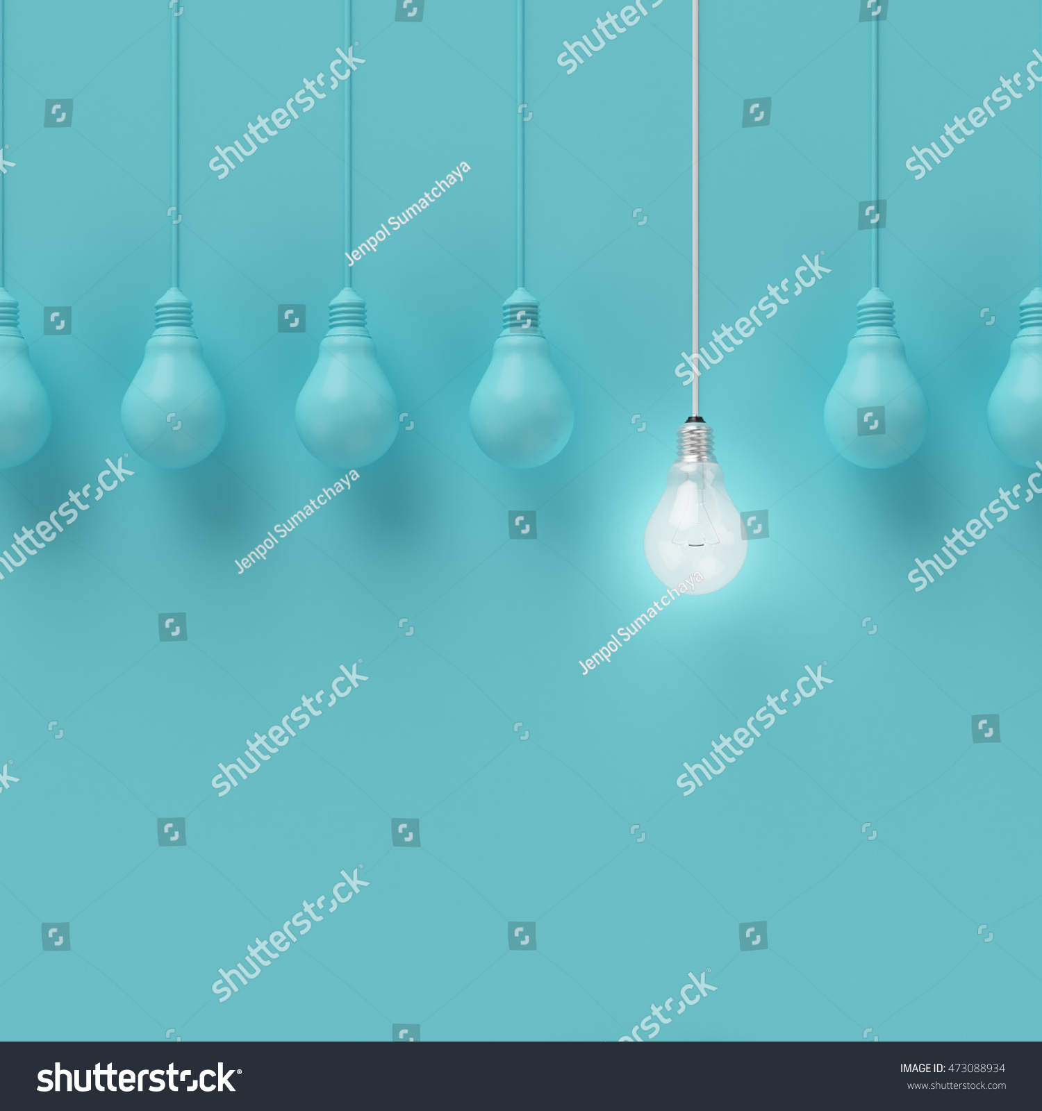 Hanging light bulbs with glowing one different idea on light blue background , Minimal concept idea , flat lay , top #473088934