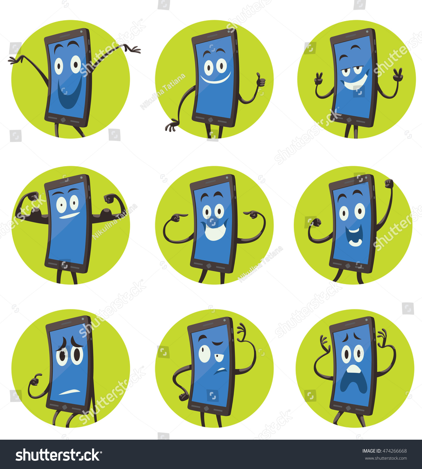 Vector set of round green frames with cartoon images of black smartphones with blue screens with arms and legs with a variety of emotions and actions on a white background. Positive character.  #474266668