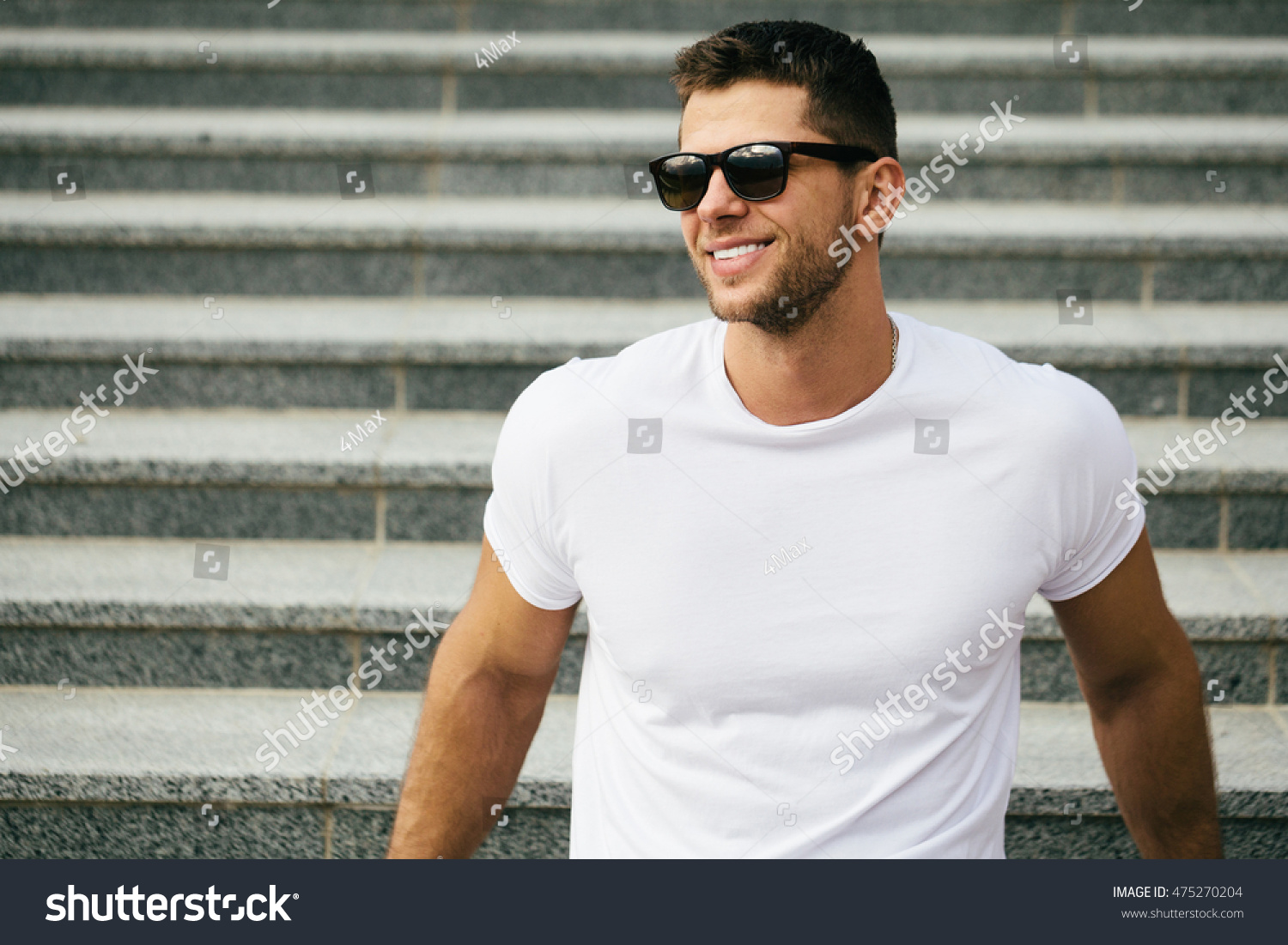 Hipster wearing white blank t-shirt with space for your logo #475270204