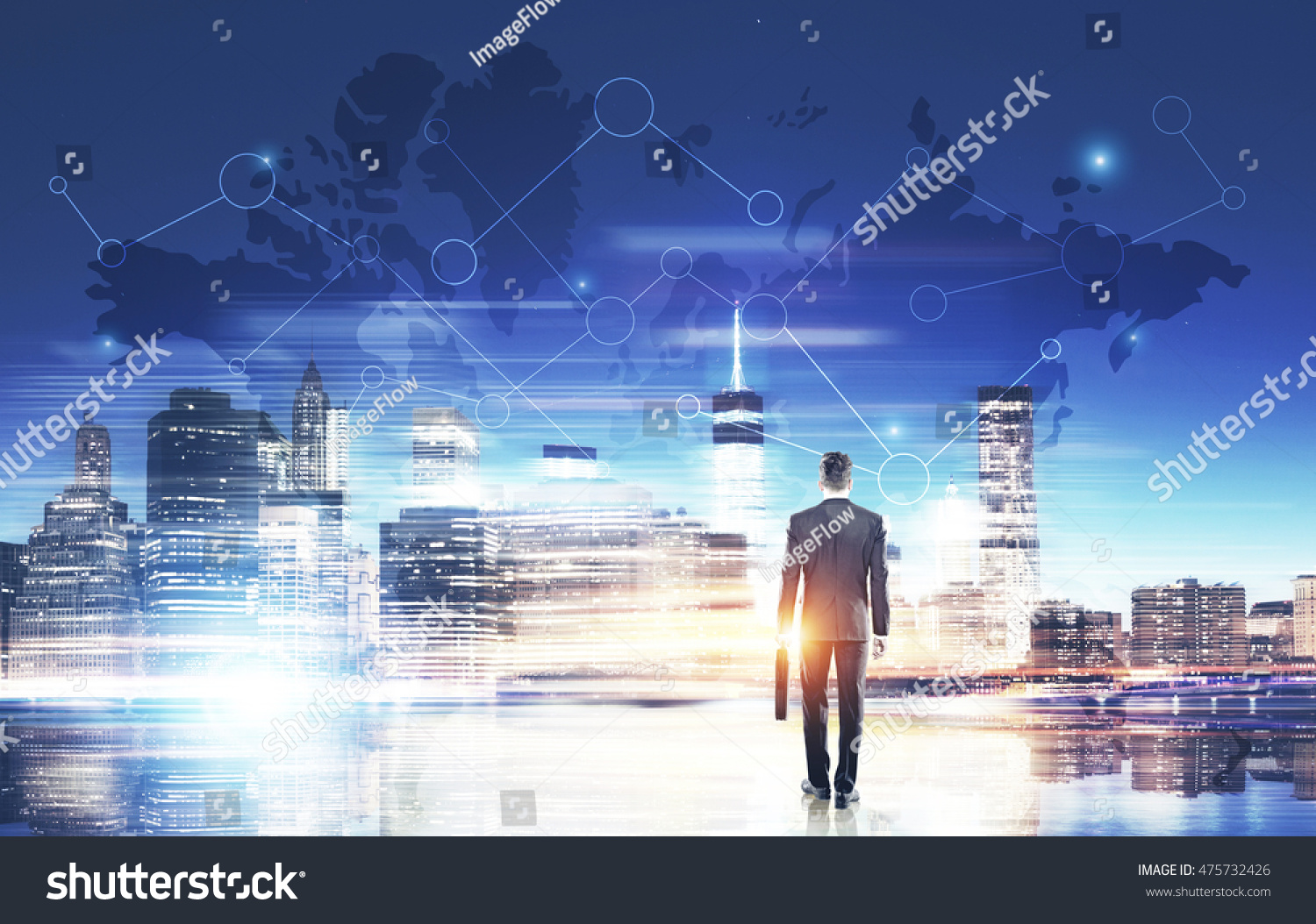 Man in suit holding suitcase standing near big city panorama with world map in the sky. Concept of multinational corporation. Toned image. Double exposure. Elements of this image furnished by NASA #475732426