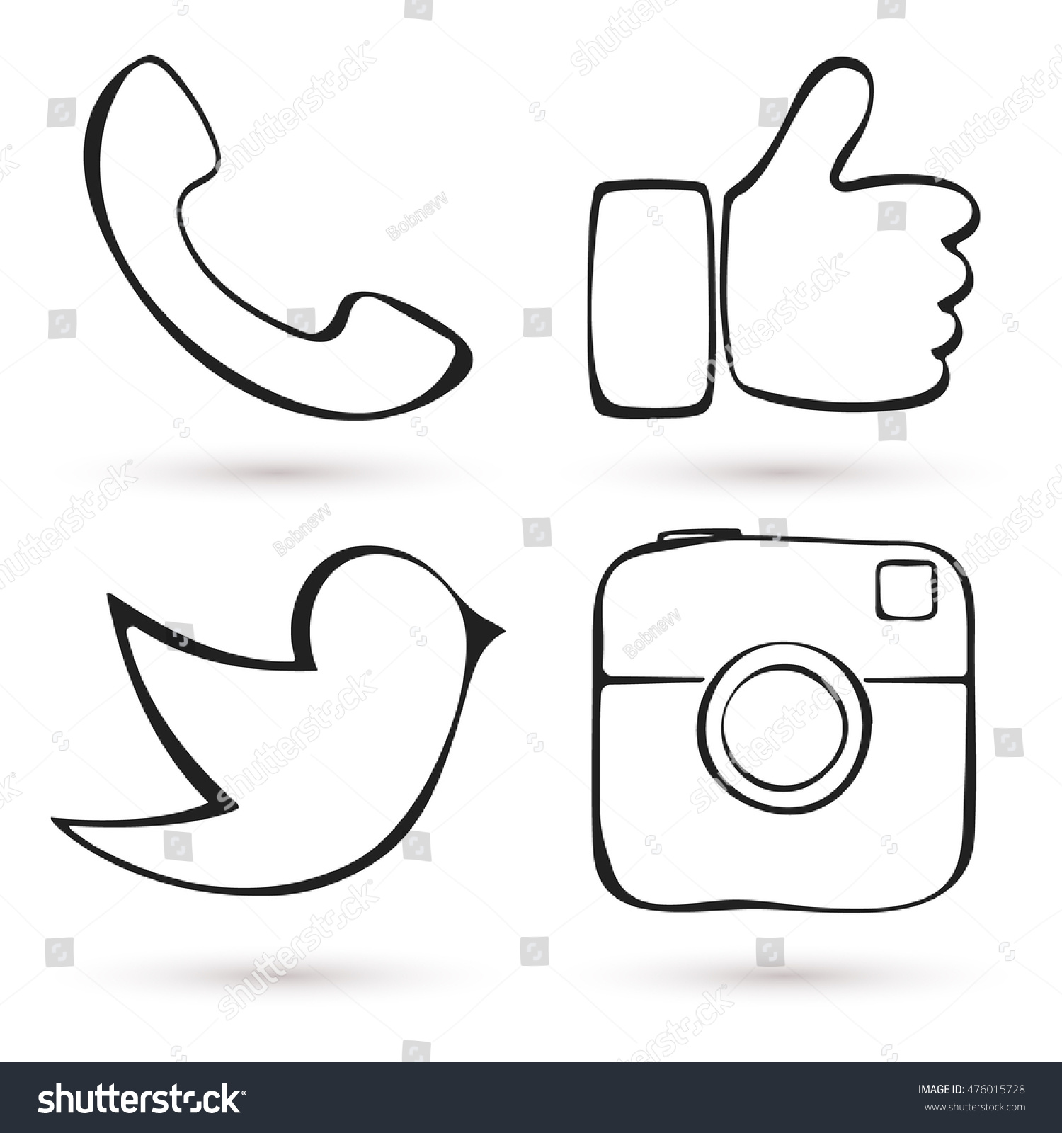 Social media icon set. Hand drawn design. Like hand symbol, digital camera, messenger bird. Vector illustration. #476015728