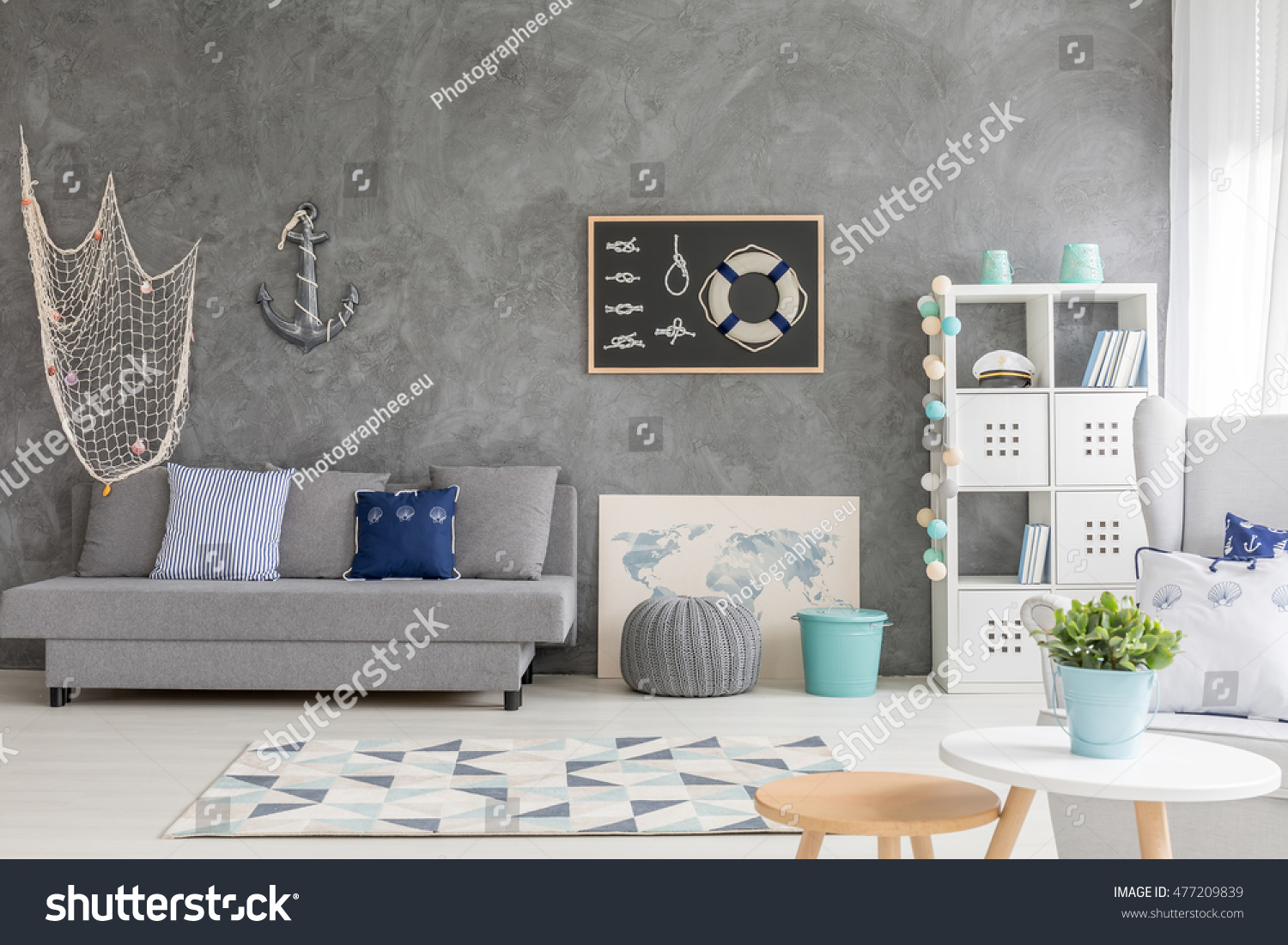 Bright room in shades of grey, with sailing decorations #477209839
