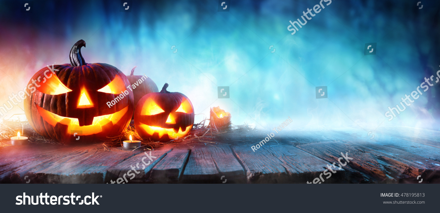 Halloween Pumpkins On Wood In A Spooky Forest At Night
 #478195813