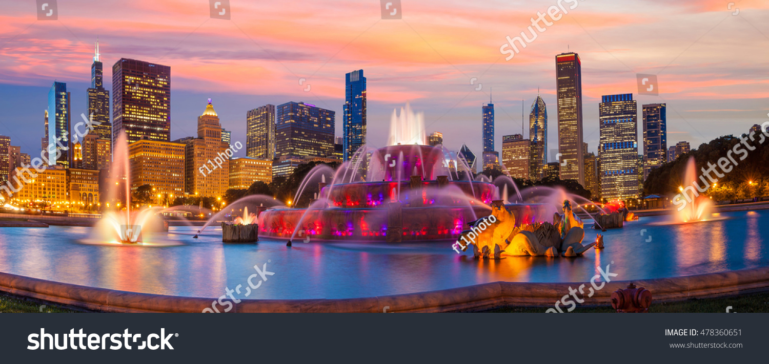 Chicago skyline panorama with skyscrapers and Buckingham fountain at twilight. #478360651