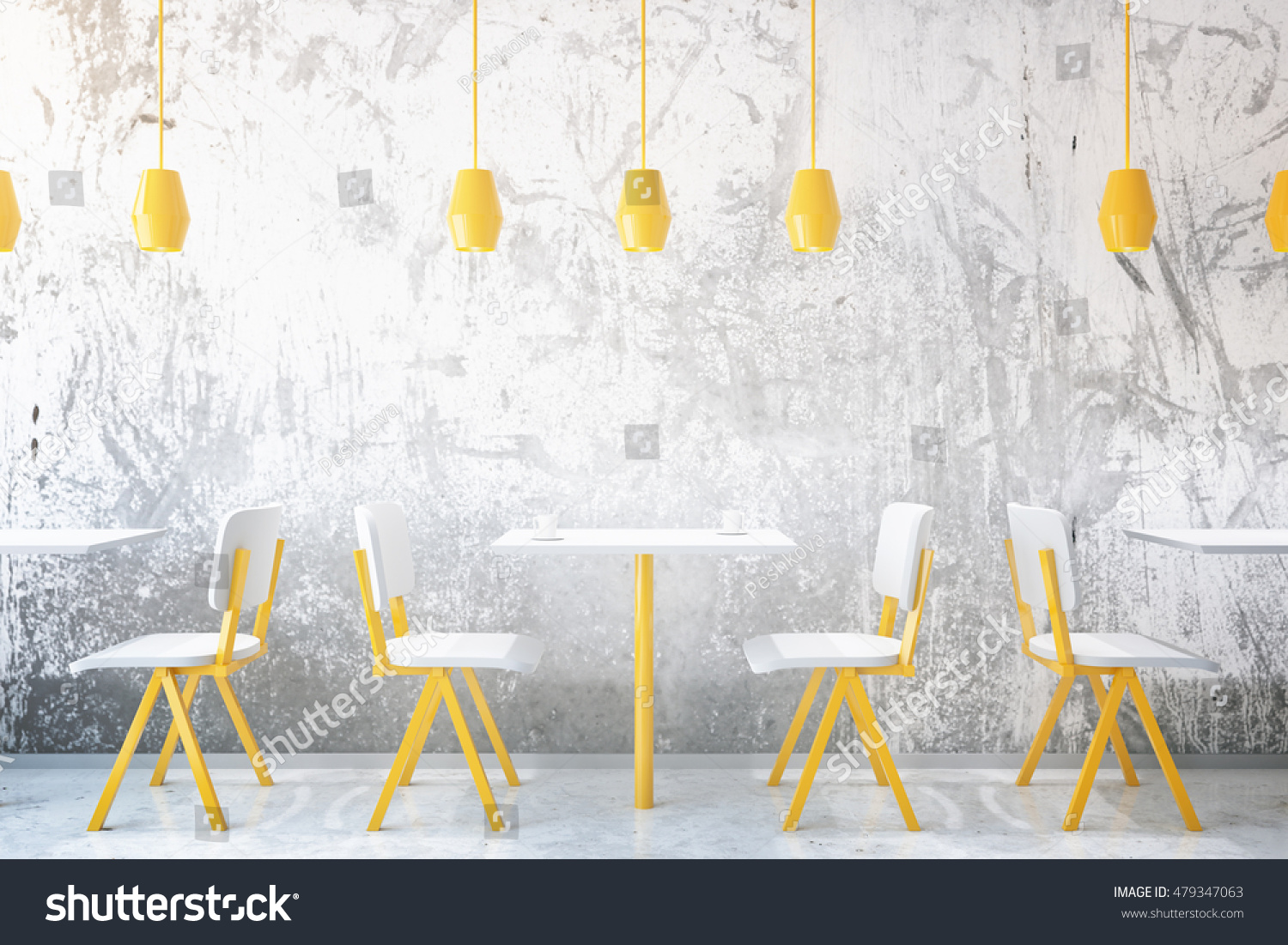 Yellow coffee tables and chairs in concrete cafe interior with ceiling lamps. 3D Rendering #479347063