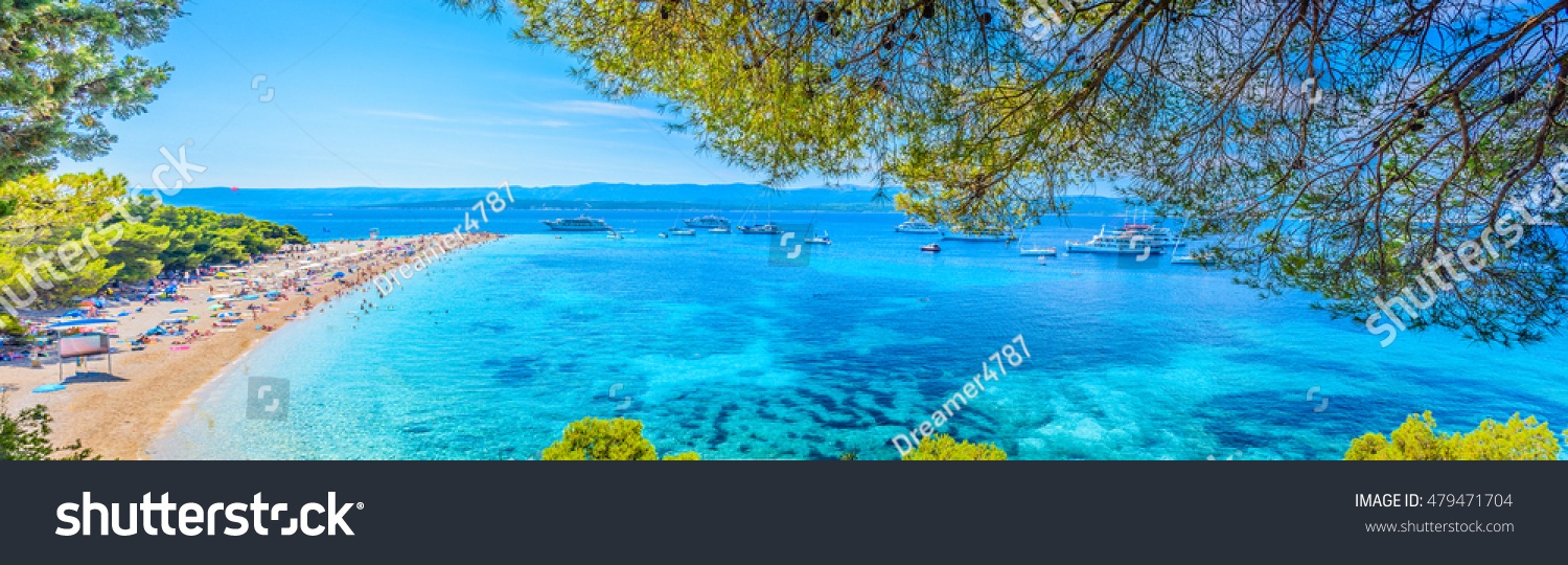 Beautiful panorama of famous Adriatic beach Golden Cape (Zlatni Rat), Island of Brac Croatia summertime. / Famous Adriatic beach Croatia. / Selective focus. #479471704