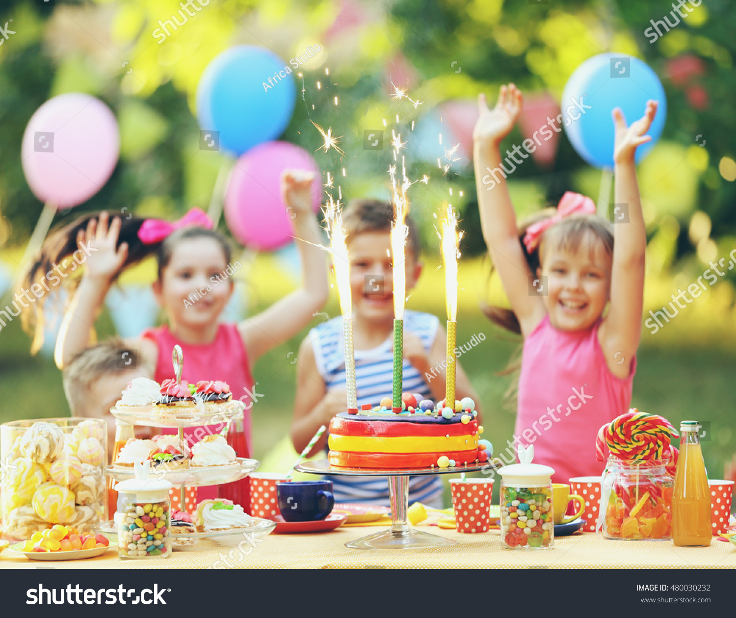 Children celebrating birthday in park #480030232