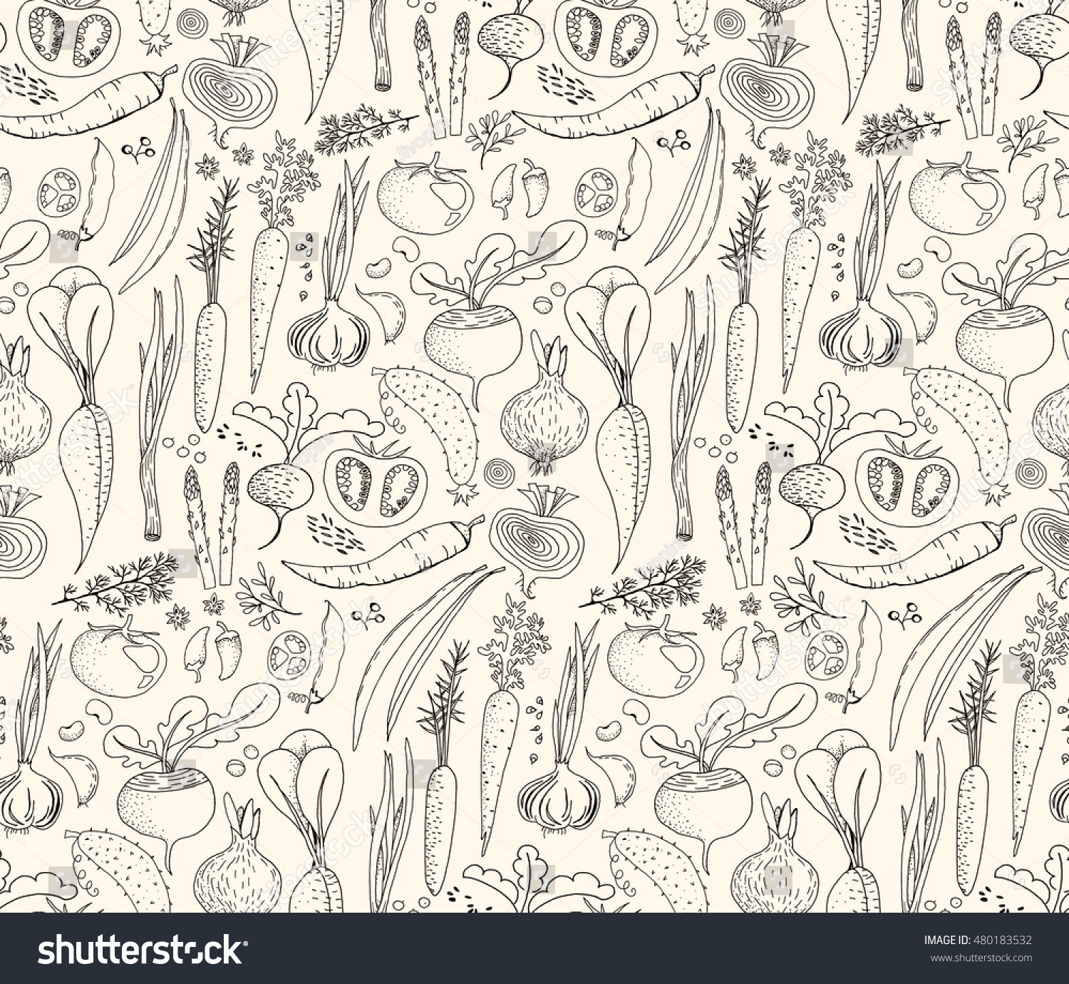 Hand-drawn seamless doodles pattern with different vegetables: tomato, onion, beet, cucumber etc. Harvest repeated background. Line art #480183532
