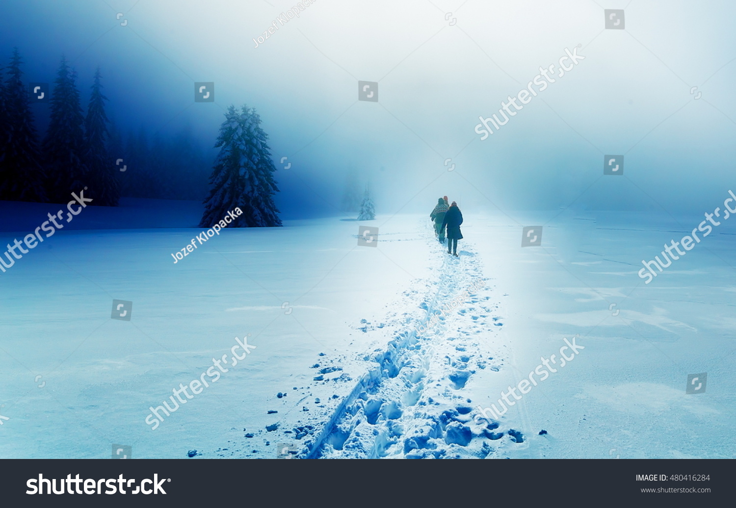 People alone in Winter blizard. Beautiful mountain snowy landscape #480416284