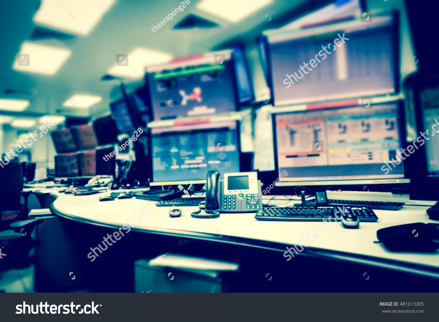 Plant control room and computer monitors for operate and monitor process in miniature and blurring tone with vintage style. #481613305