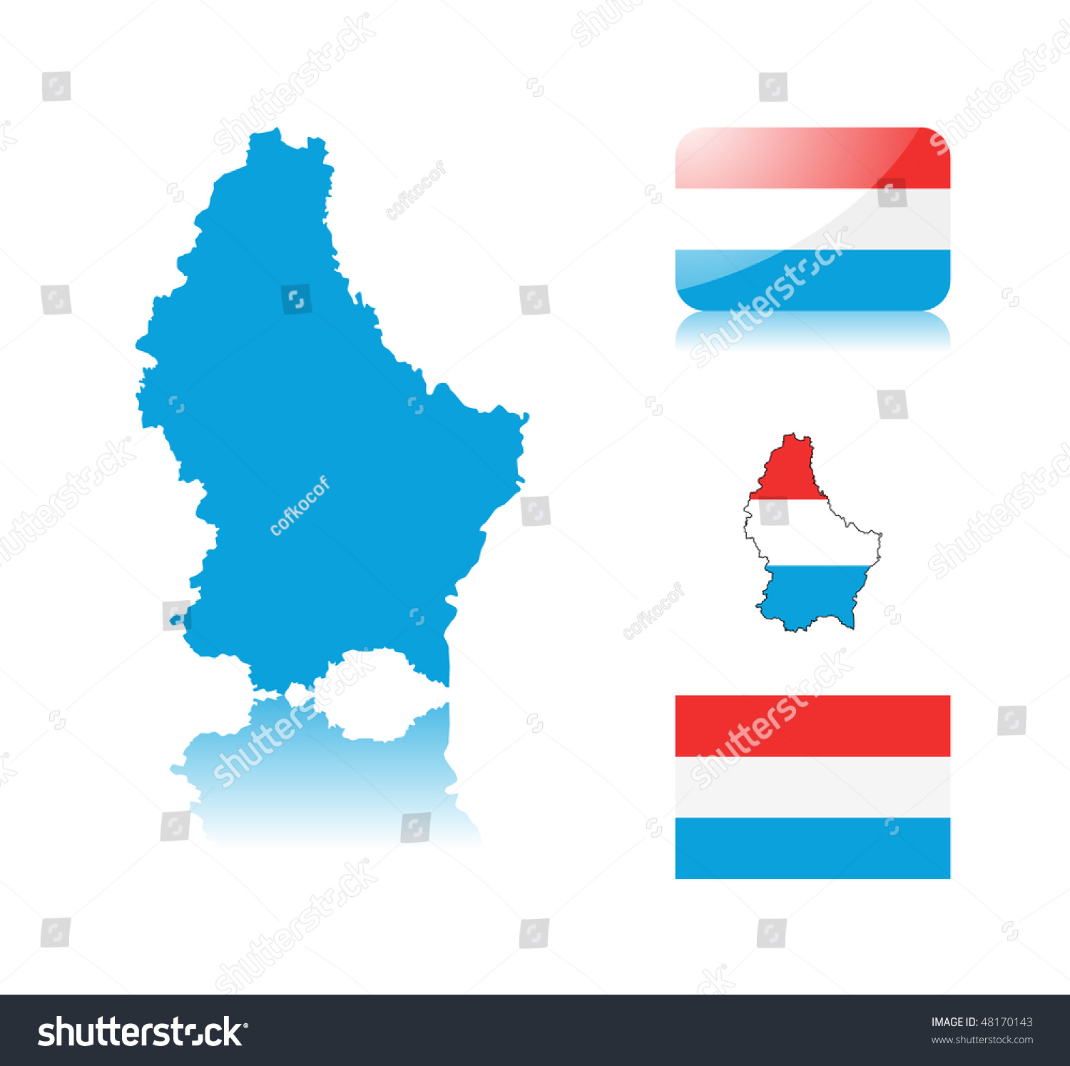 Luxembourg  map including: map with reflection, map in flag colors, glossy and normal flag. #48170143