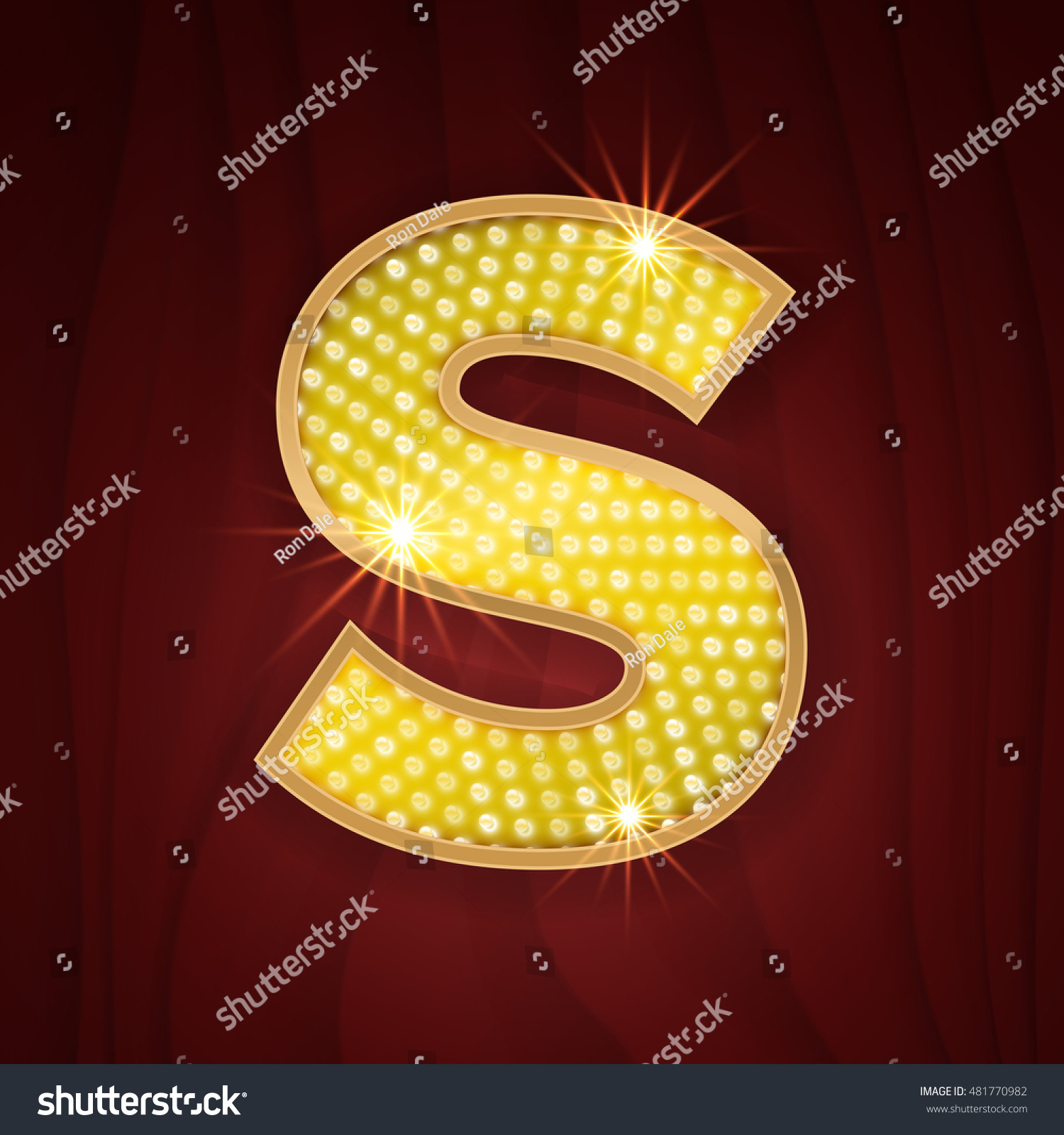 Gold light lamp bulb letter S. Sparkling glittering alphabet set design. Casino style gold letter #481770982