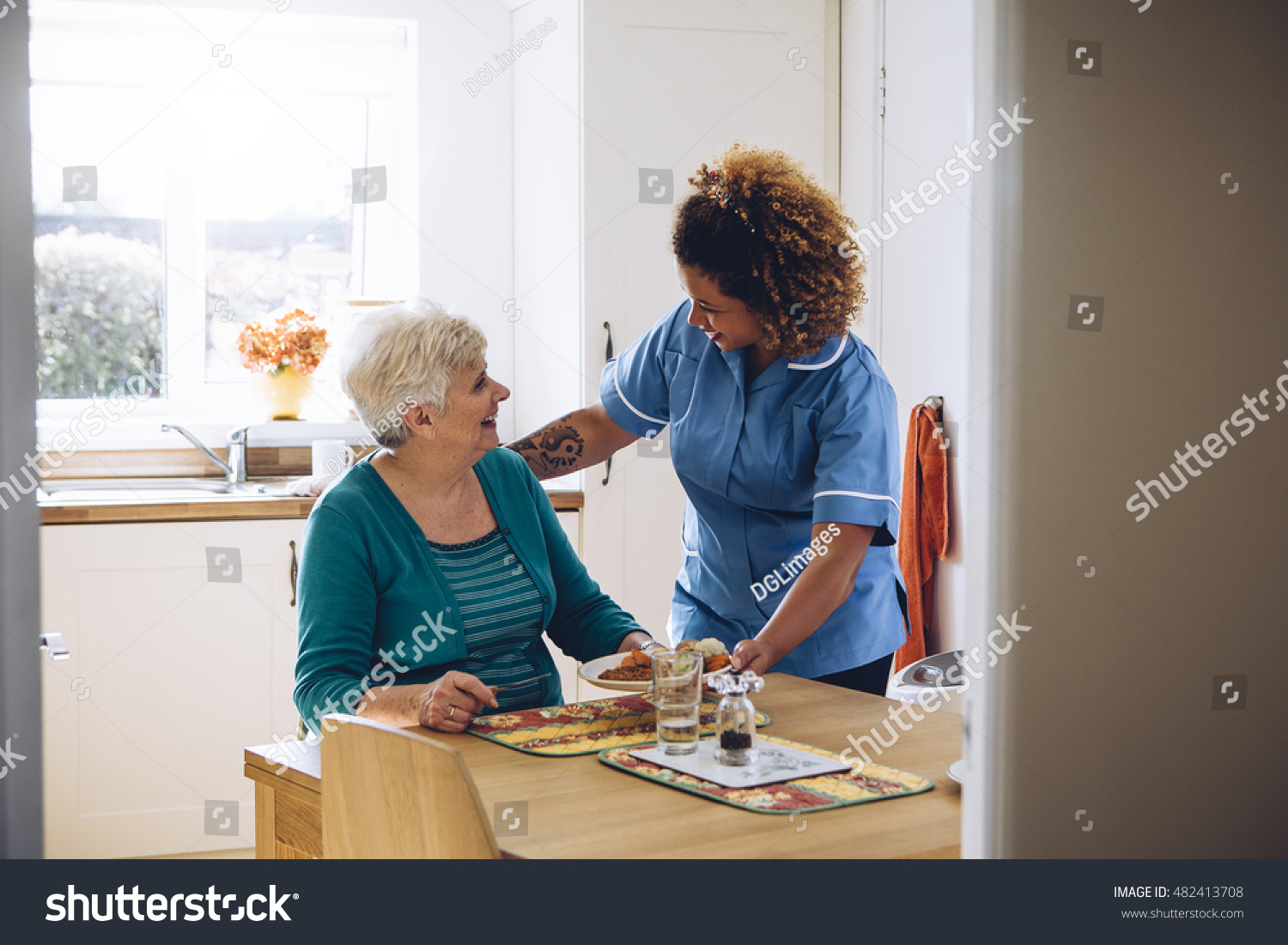 Care worker giving an old lady her dinner in her home.  #482413708
