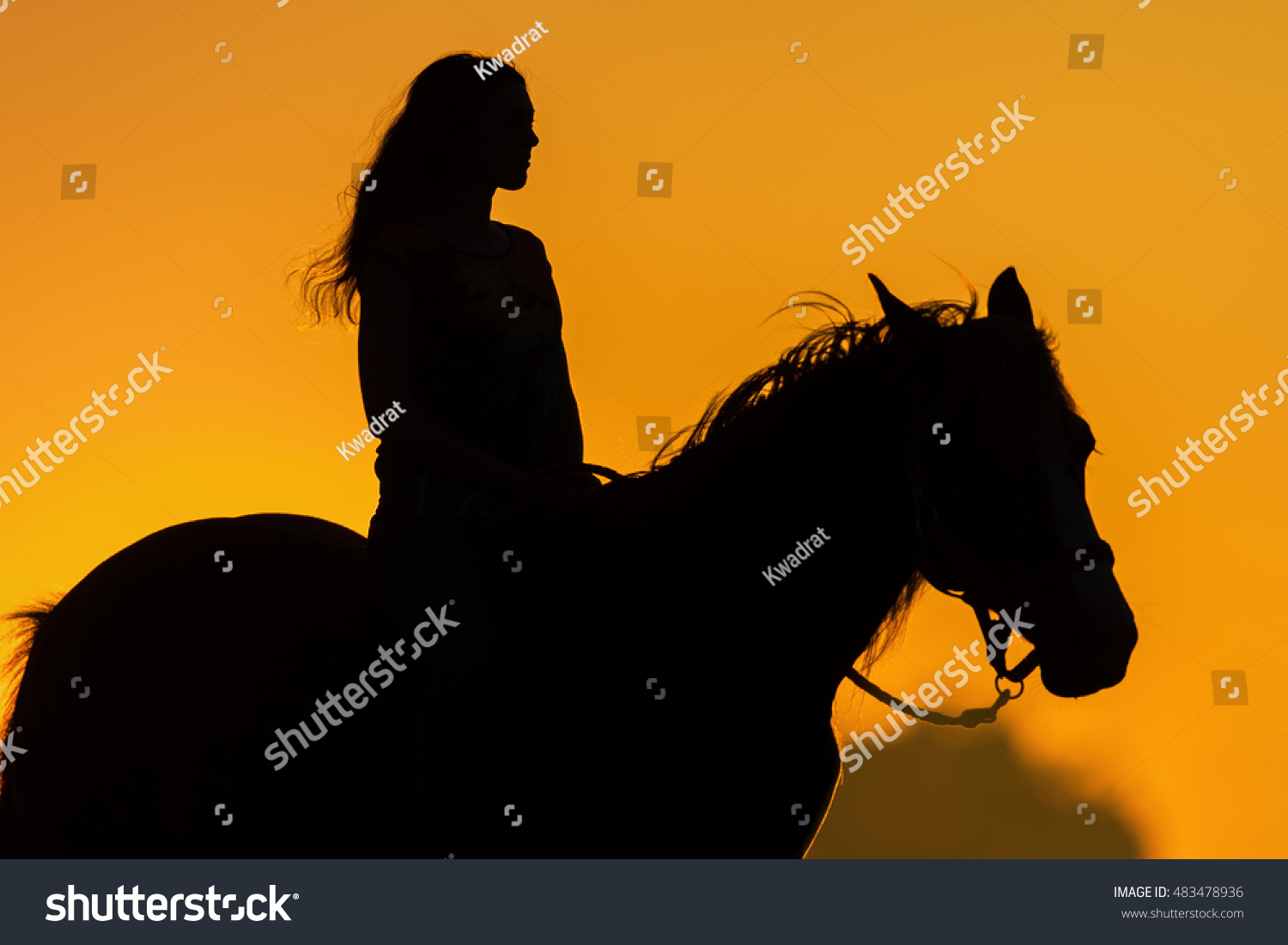 Girl and horse silhouette at sunset #483478936