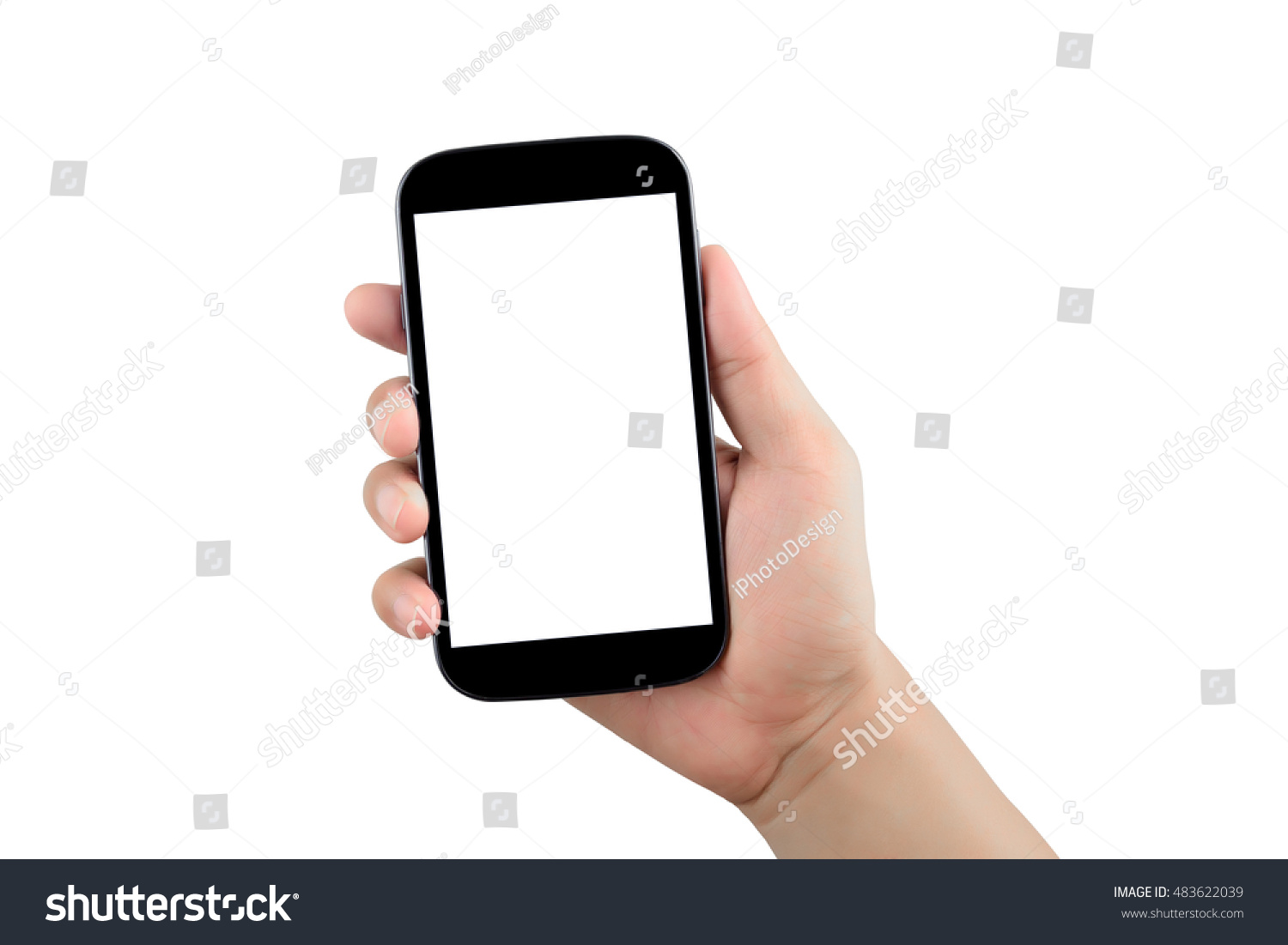 right hand holding black smartphone and blank screen isolated on white background with clipping path #483622039