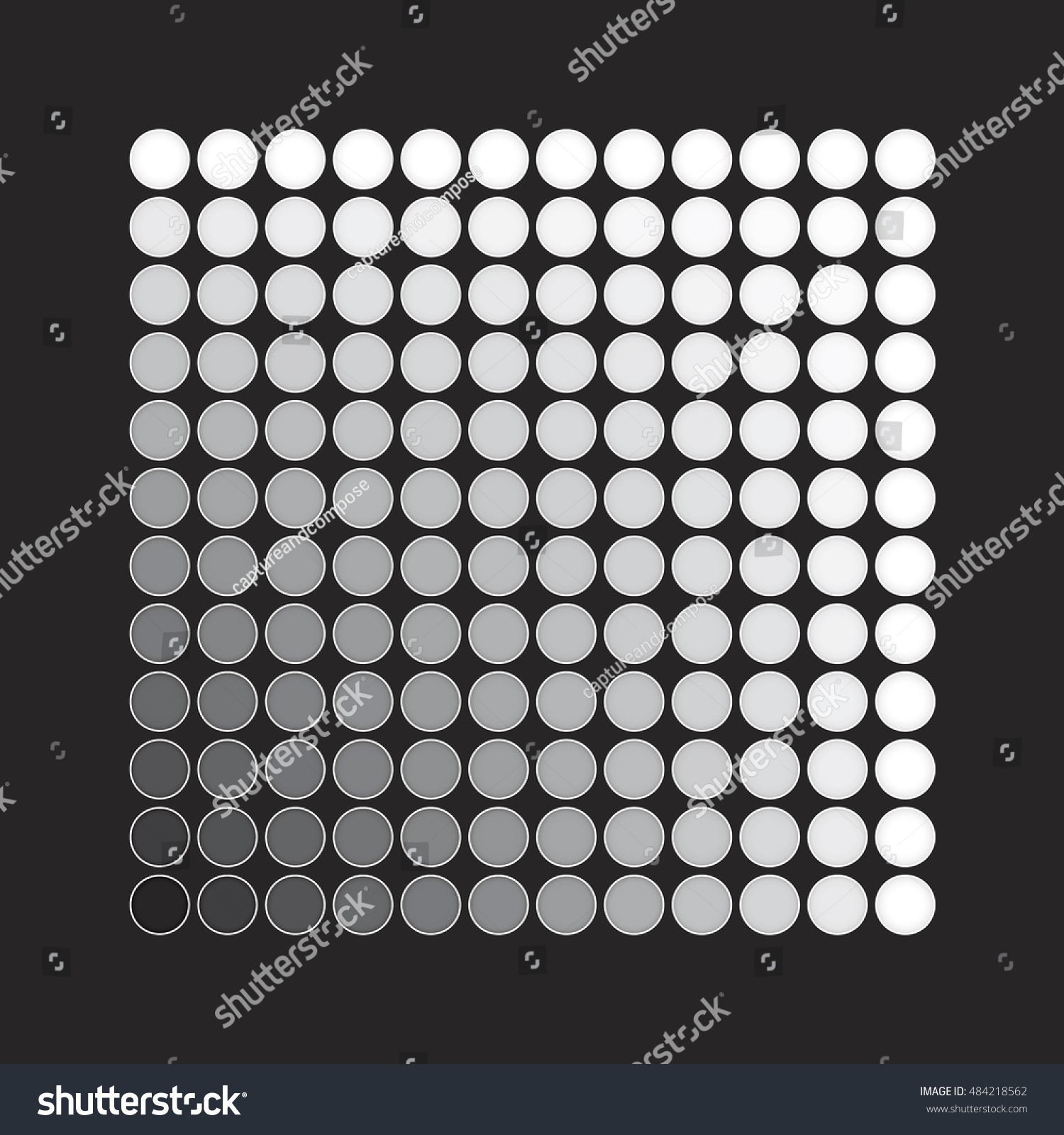 Dot pattern of CMYK color swatches arranged in a square grid. Shows color gradations and faded colors used in printing quality specifications #484218562